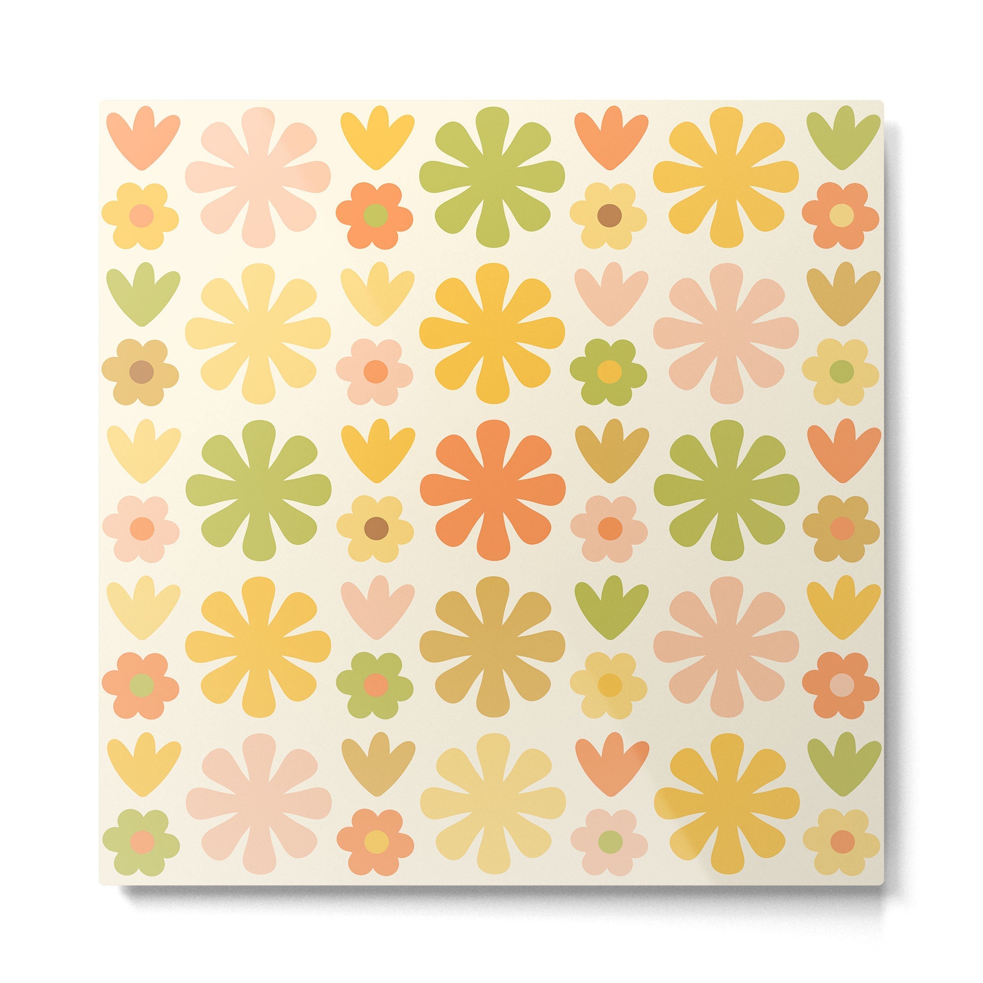 Scandi Floral Grid Retro Flower Pattern in Green Blush Yellow Cream Metal Print | TeksDecor