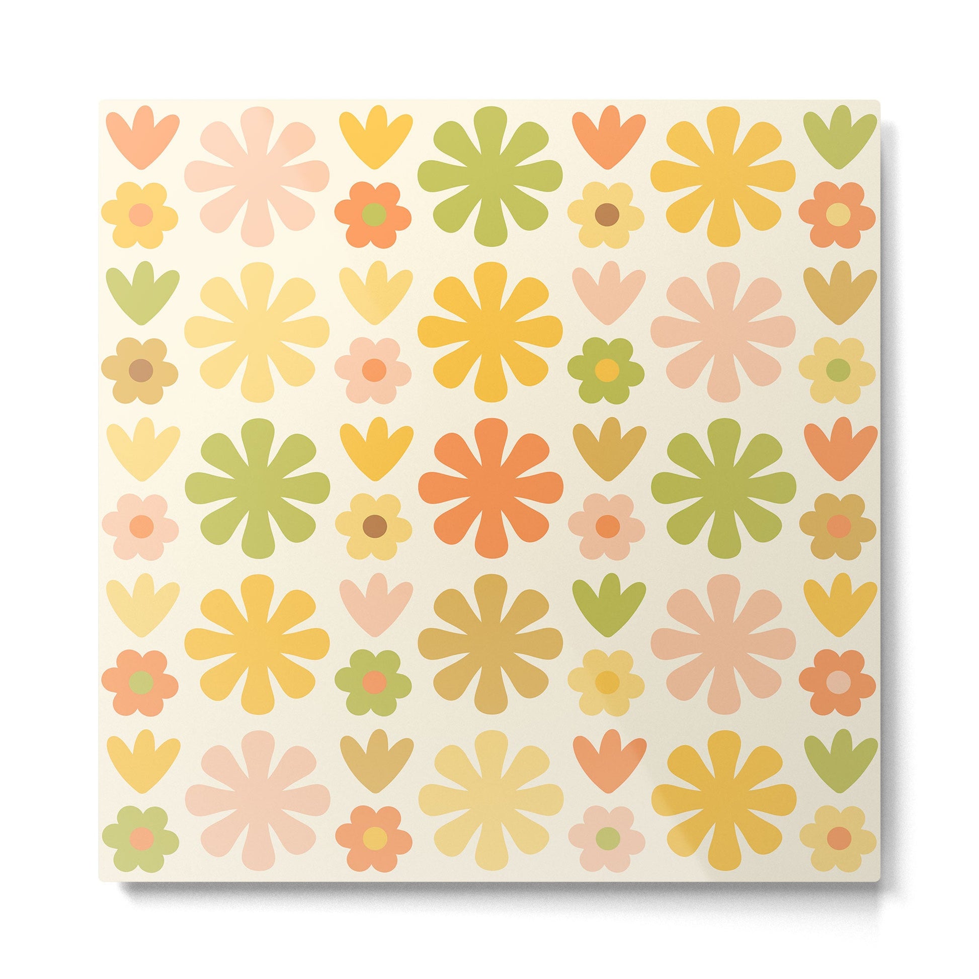 Scandi Floral Grid Retro Flower Pattern in Green Blush Yellow Cream Metal Print | TeksDecor