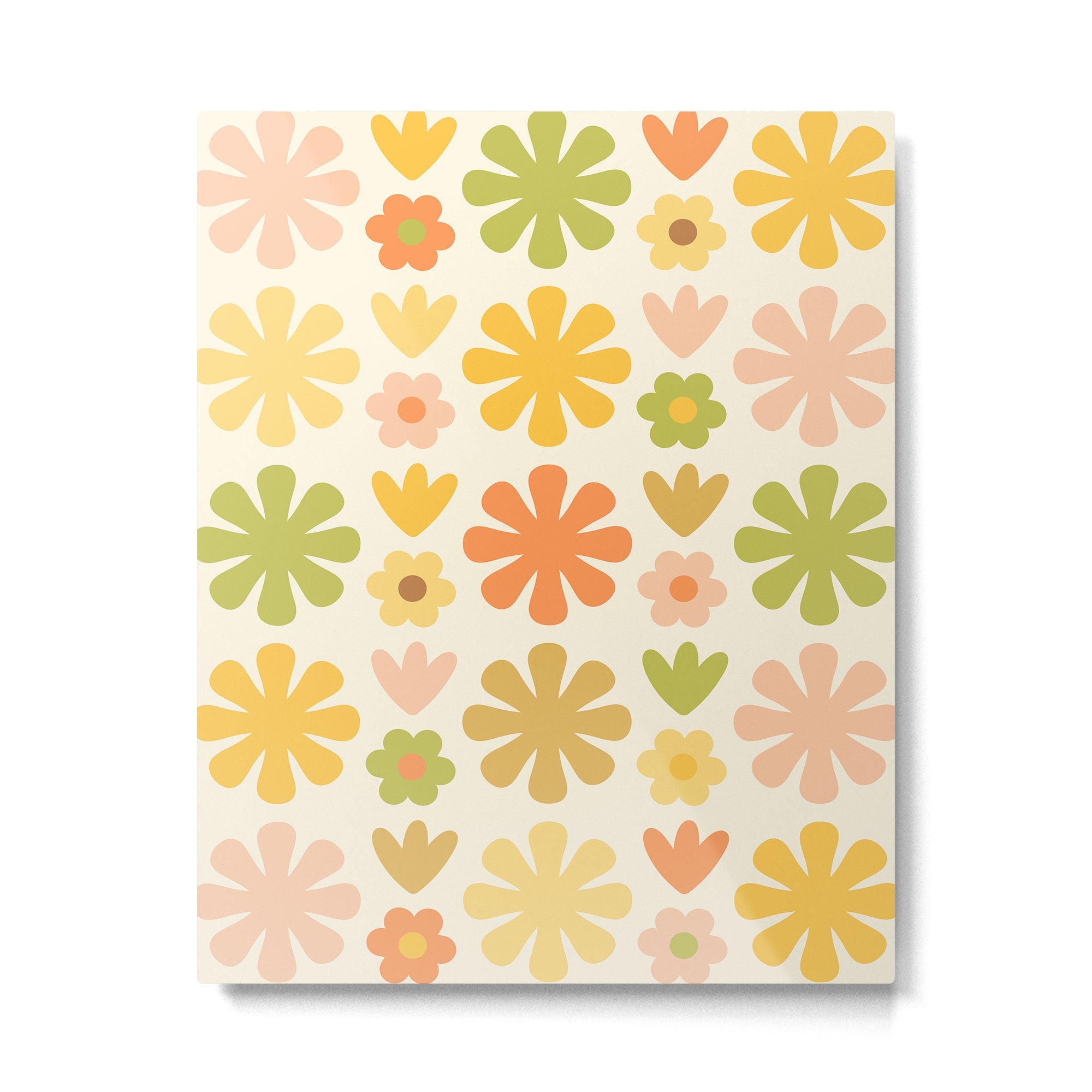 Scandi Floral Grid Retro Flower Pattern in Green Blush Yellow Cream Metal Print | TeksDecor