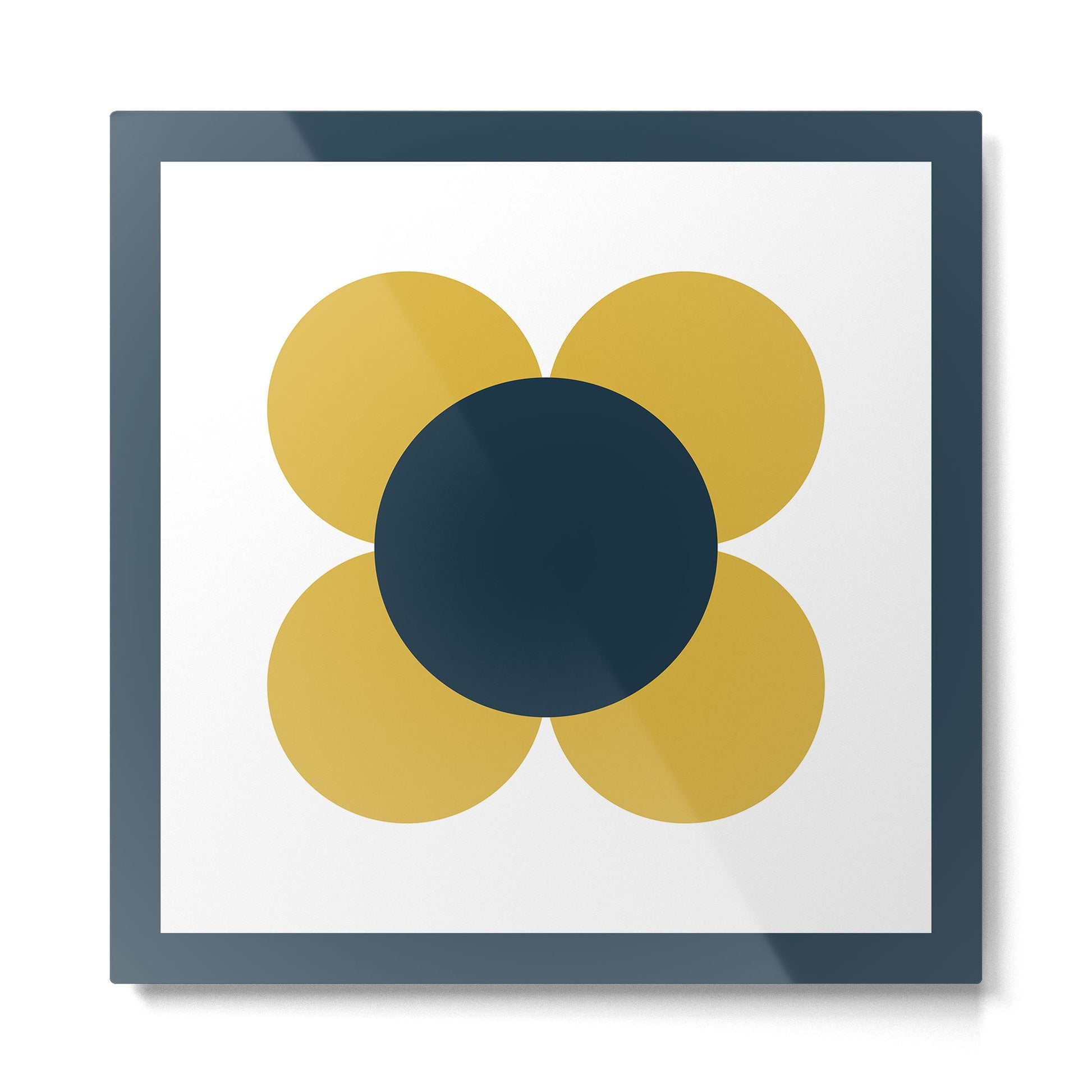 Scandi Flower Single - Retro Minimalist Floral Pattern in Light Mustard, Navy Blue, and White Metal Print | TeksDecor