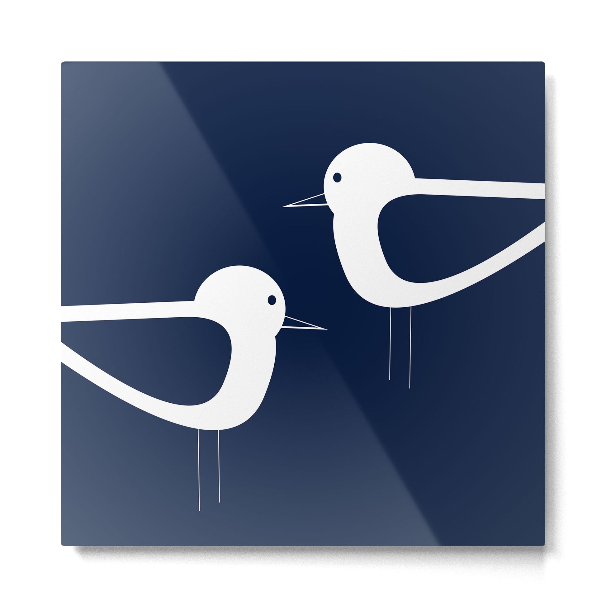 Shorebird Pair - Minimalist Beach Birds in White and Nautical Navy Blue Metal Print | TeksDecor
