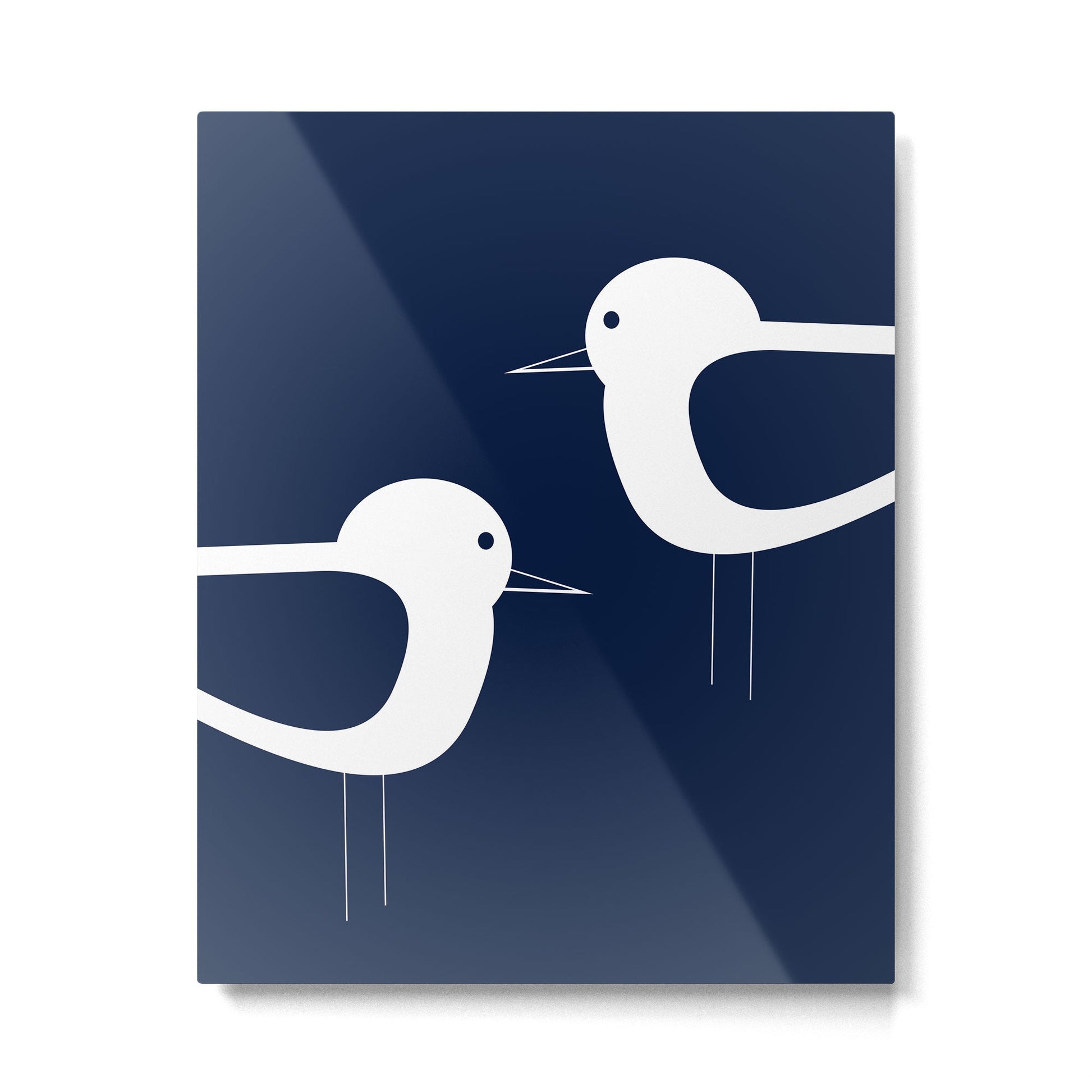 Shorebird Pair - Minimalist Beach Birds in White and Nautical Navy Blue Metal Print | TeksDecor