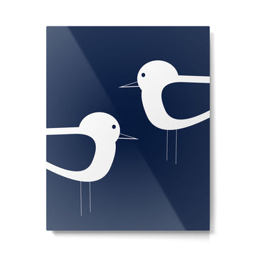 Shorebird Pair - Minimalist Beach Birds in White and Nautical Navy Blue Metal Print | TeksDecor