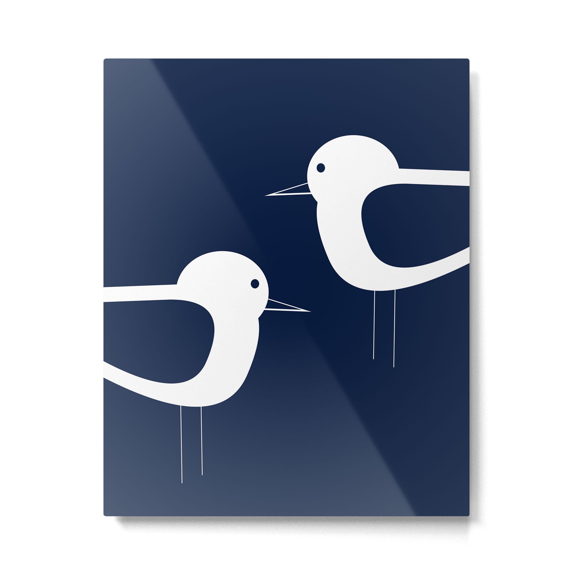 Shorebird Pair - Minimalist Beach Birds in White and Nautical Navy Blue Metal Print | TeksDecor
