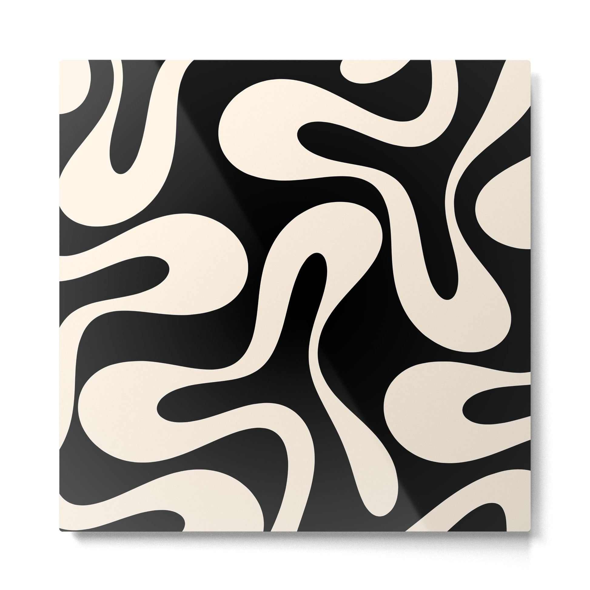 Soft Curves Retro Modern Abstract Pattern in Black and Almond Cream Metal Print | TeksDecor