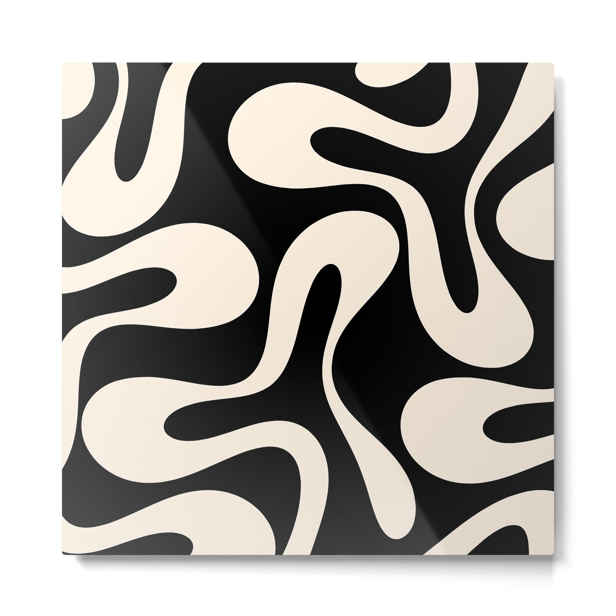 Soft Curves Retro Modern Abstract Pattern in Black and Almond Cream Metal Print | TeksDecor