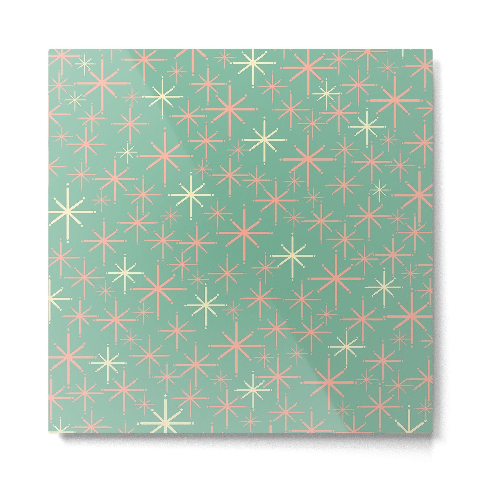 Starbursts Mid Century Modern Retro Pattern in Blush Pink, Cream, and Mint Teal Metal Print | TeksDecor