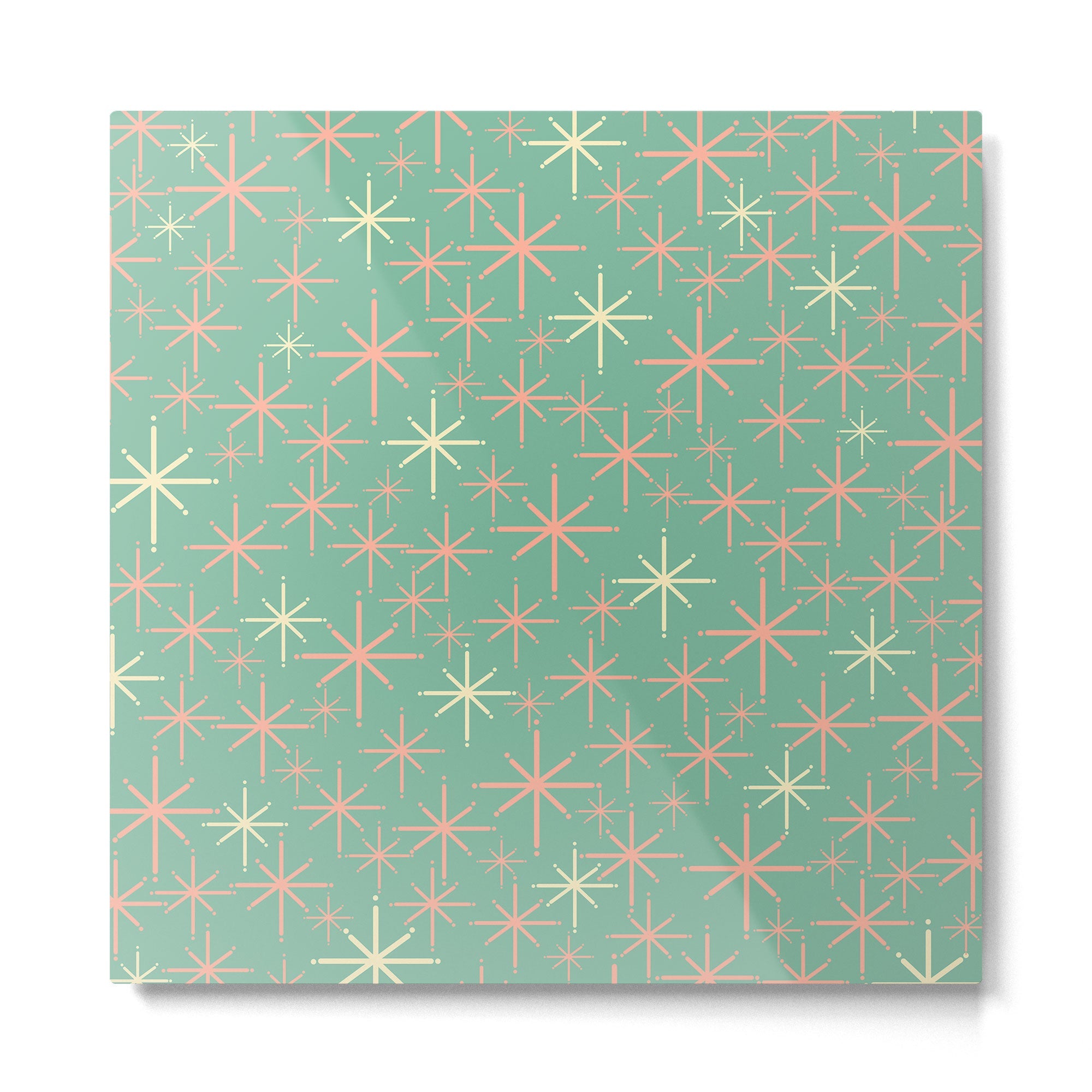 Starbursts Mid Century Modern Retro Pattern in Blush Pink, Cream, and Mint Teal Metal Print | TeksDecor