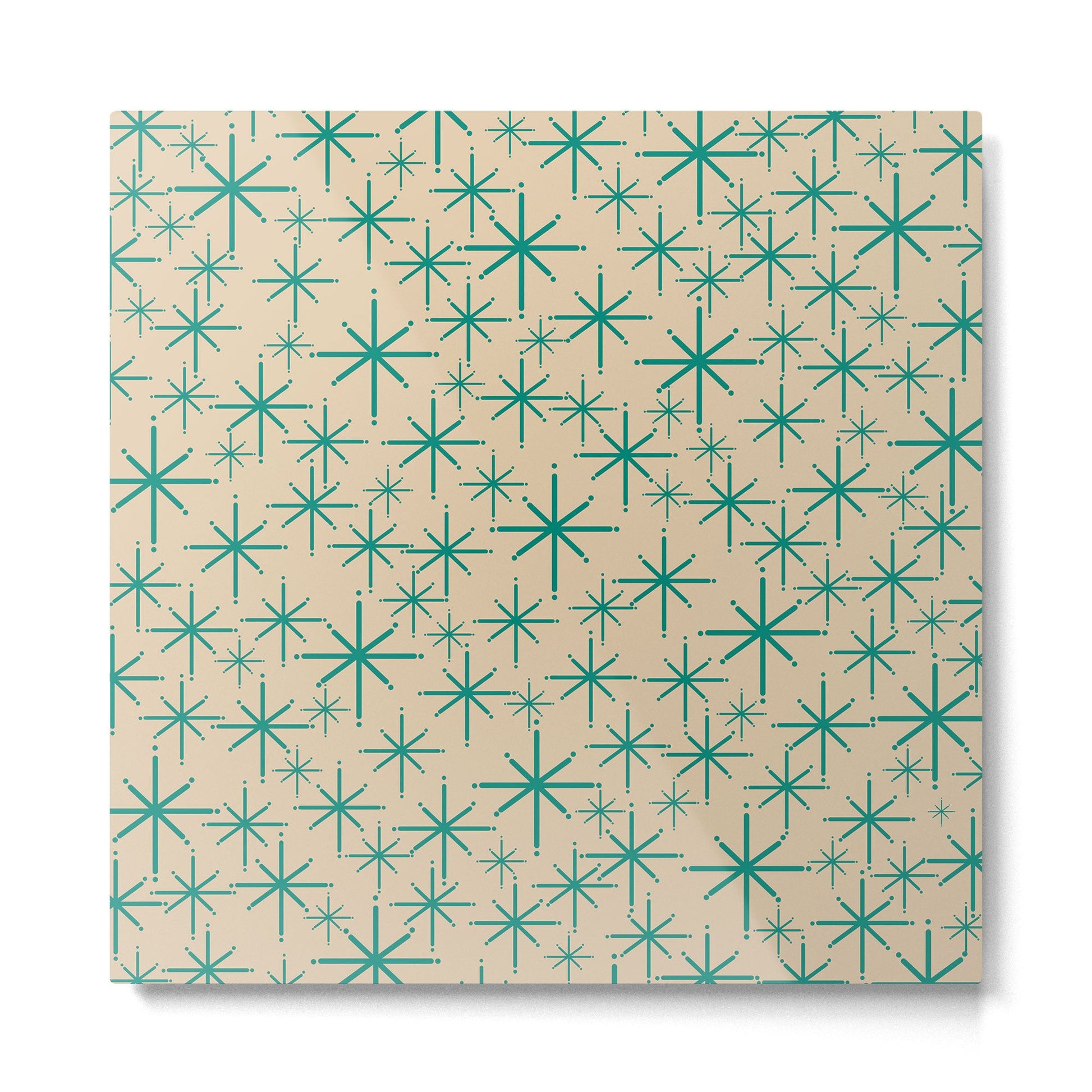 Stella 2 - Atomic Age Starbursts - Midcentury Modern Pattern in Turquoise Teal and Mid Mod Beige Metal Print | TeksDecor