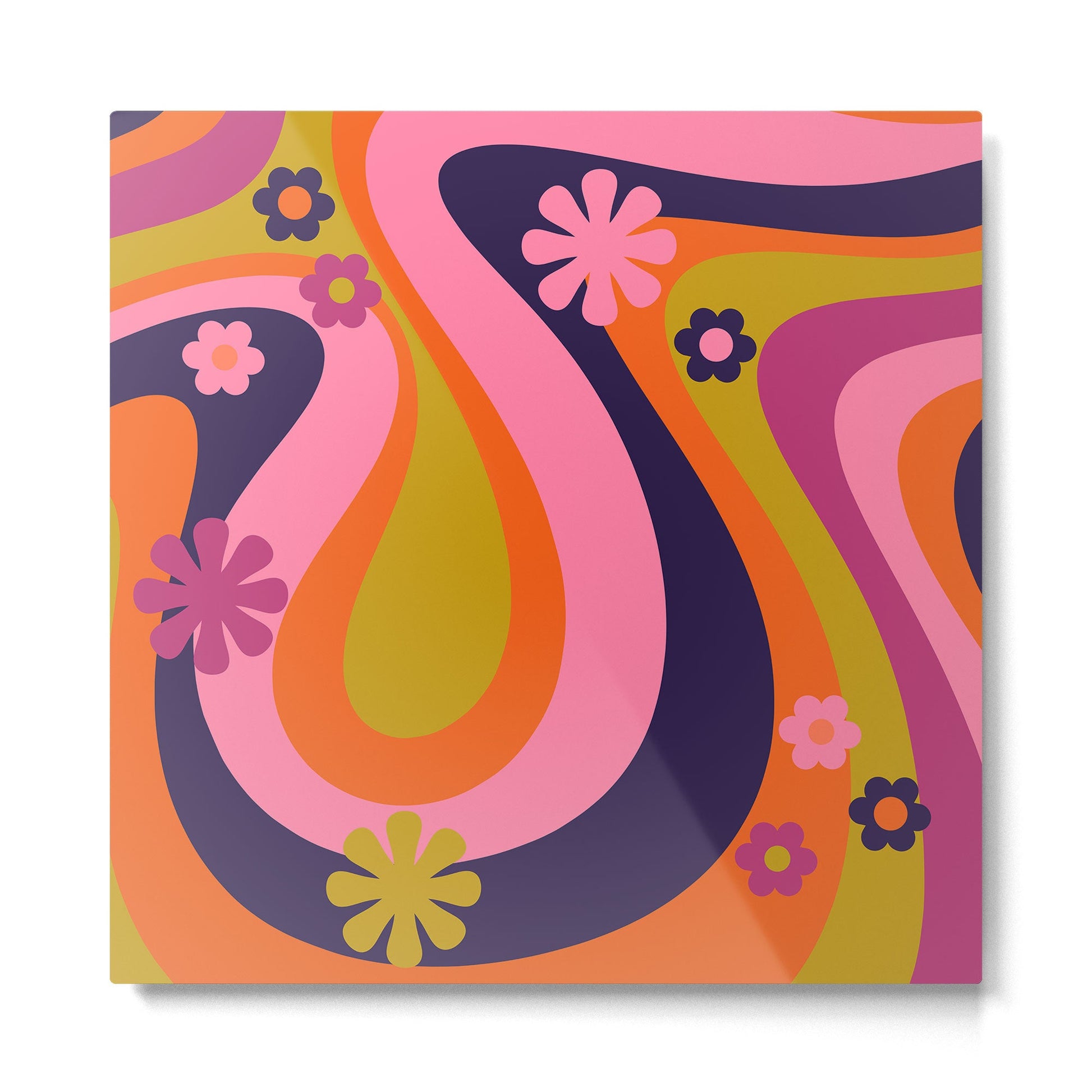 Too Groovy Retro Abstract Flower Power Pattern in Pink Lime Orange Magenta Blue Metal Print | TeksDecor