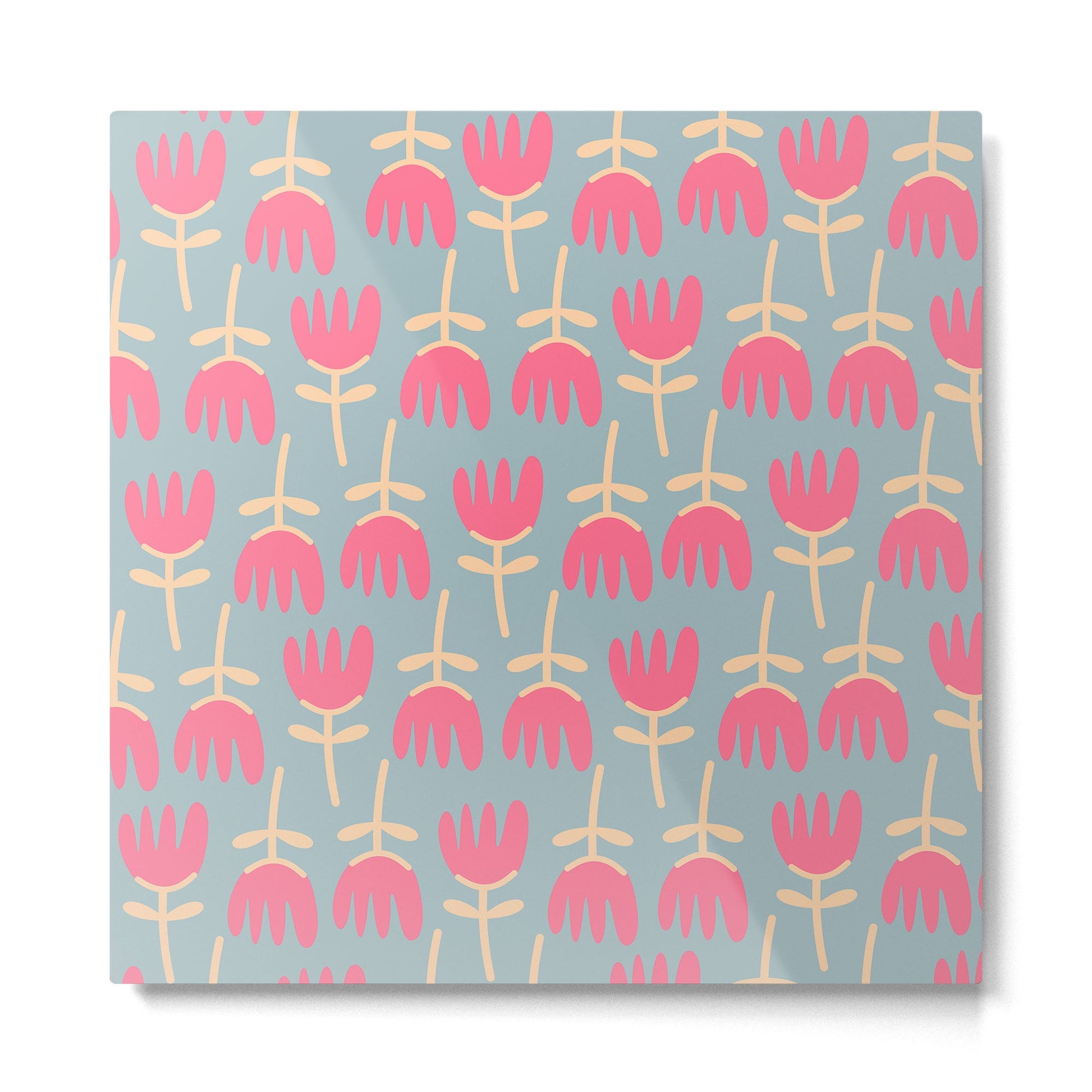 Tulips - Cheerful Scandi Floral Pattern in Pink, Apricot Cream, and Light Blue Metal Print | TeksDecor