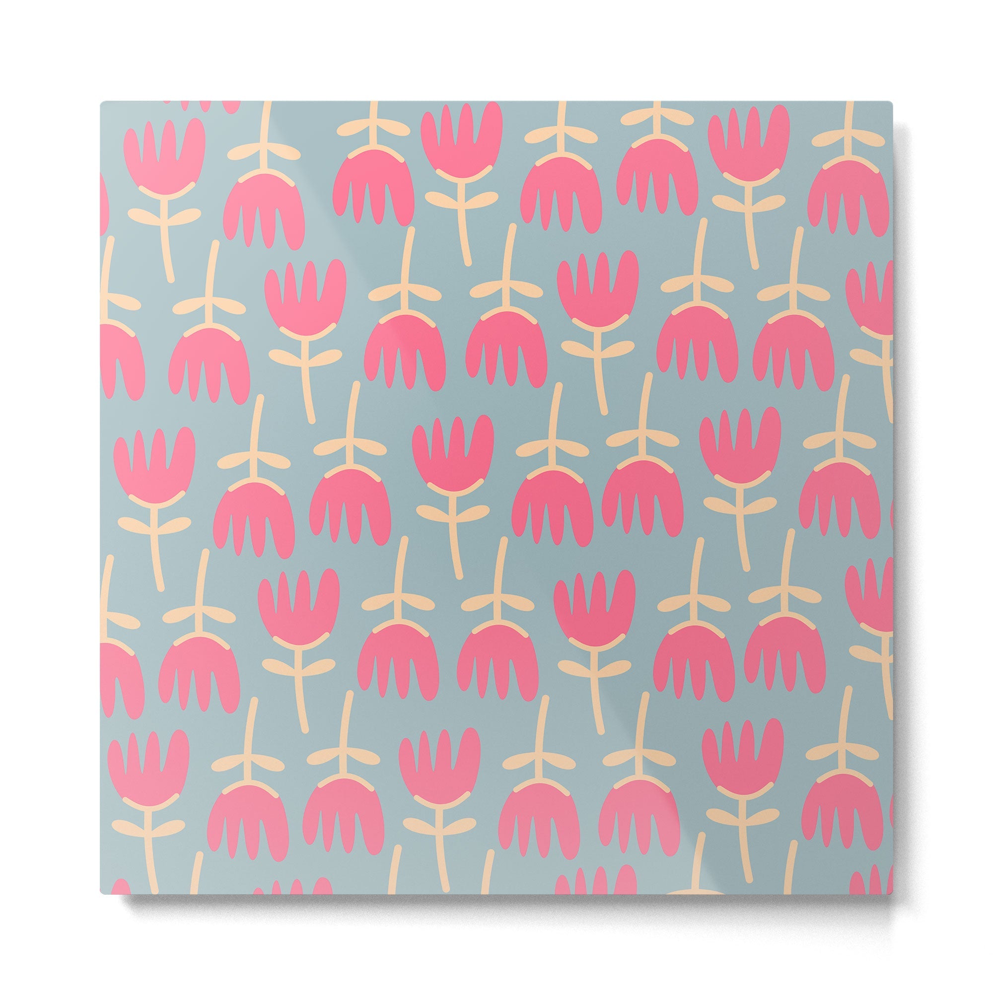Tulips - Cheerful Scandi Floral Pattern in Pink, Apricot Cream, and Light Blue Metal Print | TeksDecor