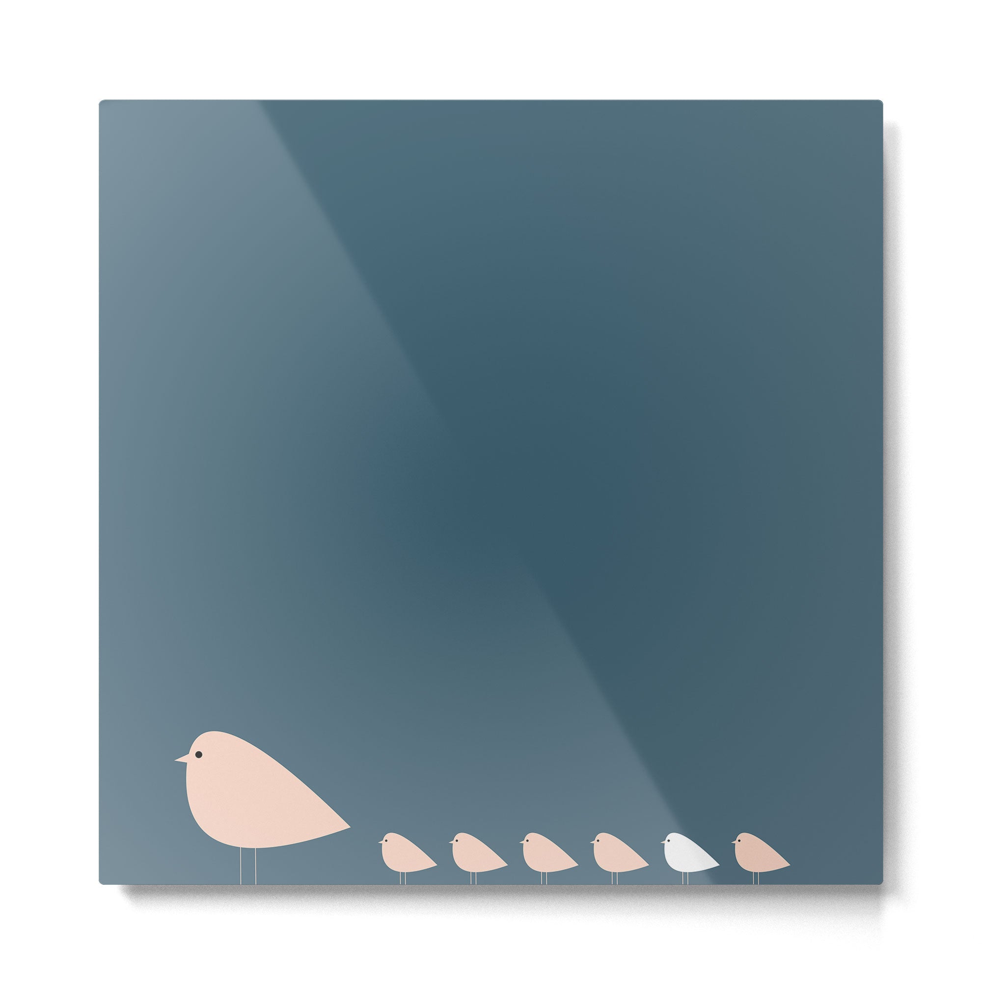 Unique Birds - Minimalist Scandi Bird Family Blue Blush White Metal Print | TeksDecor