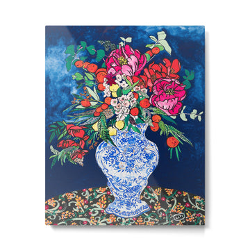 Winter Floral Peony Bouquet in Delft Vase on Dark Navy Blue Painting Metal Print | TeksDecor