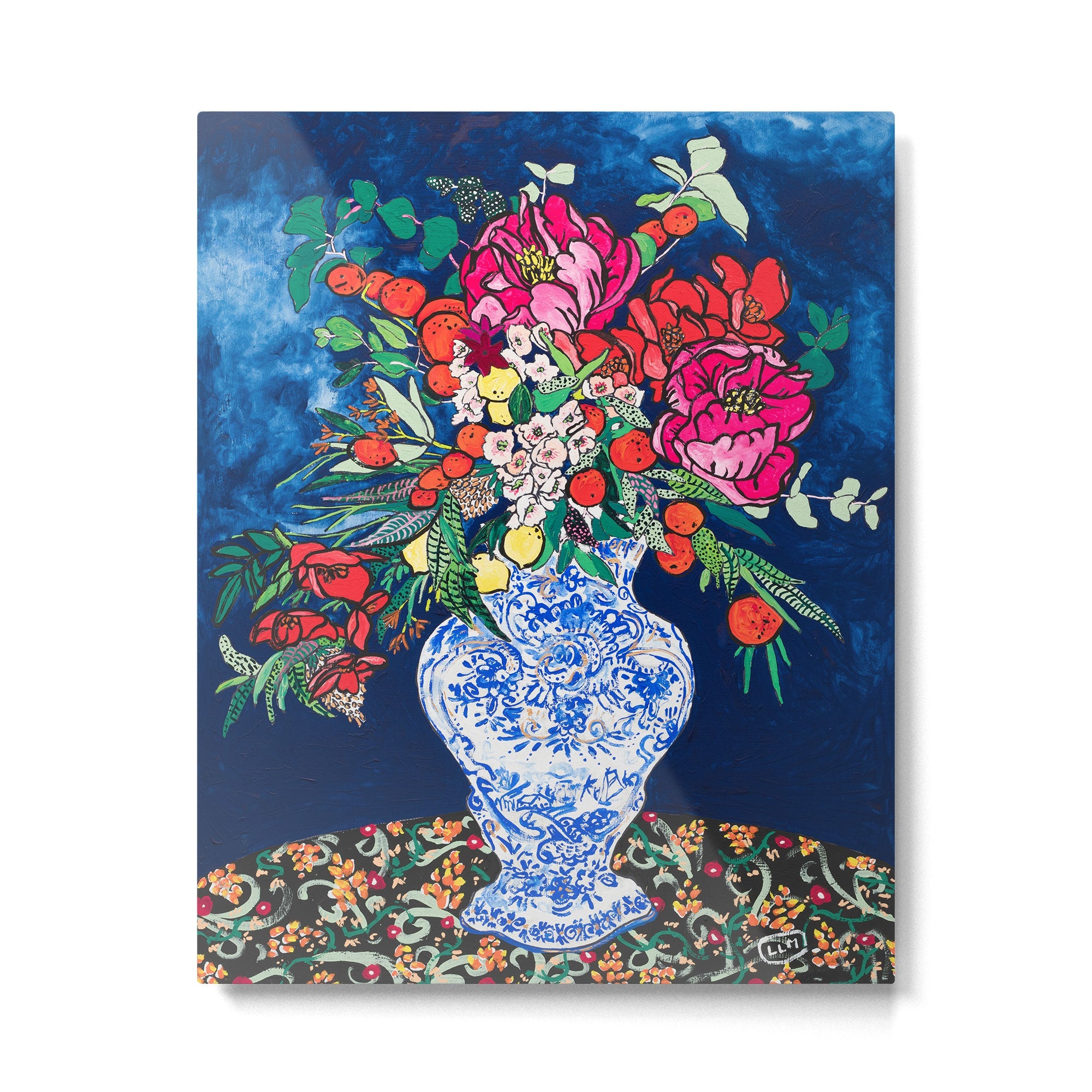 Winter Floral Peony Bouquet in Delft Vase on Dark Navy Blue Painting Metal Print | TeksDecor