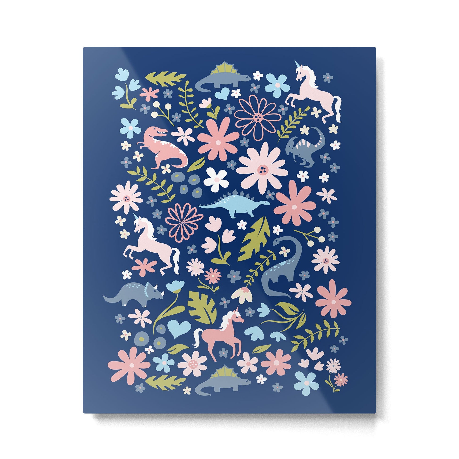 Dinosaur + Unicorn on Royal Blue Metal Print | TeksDecor