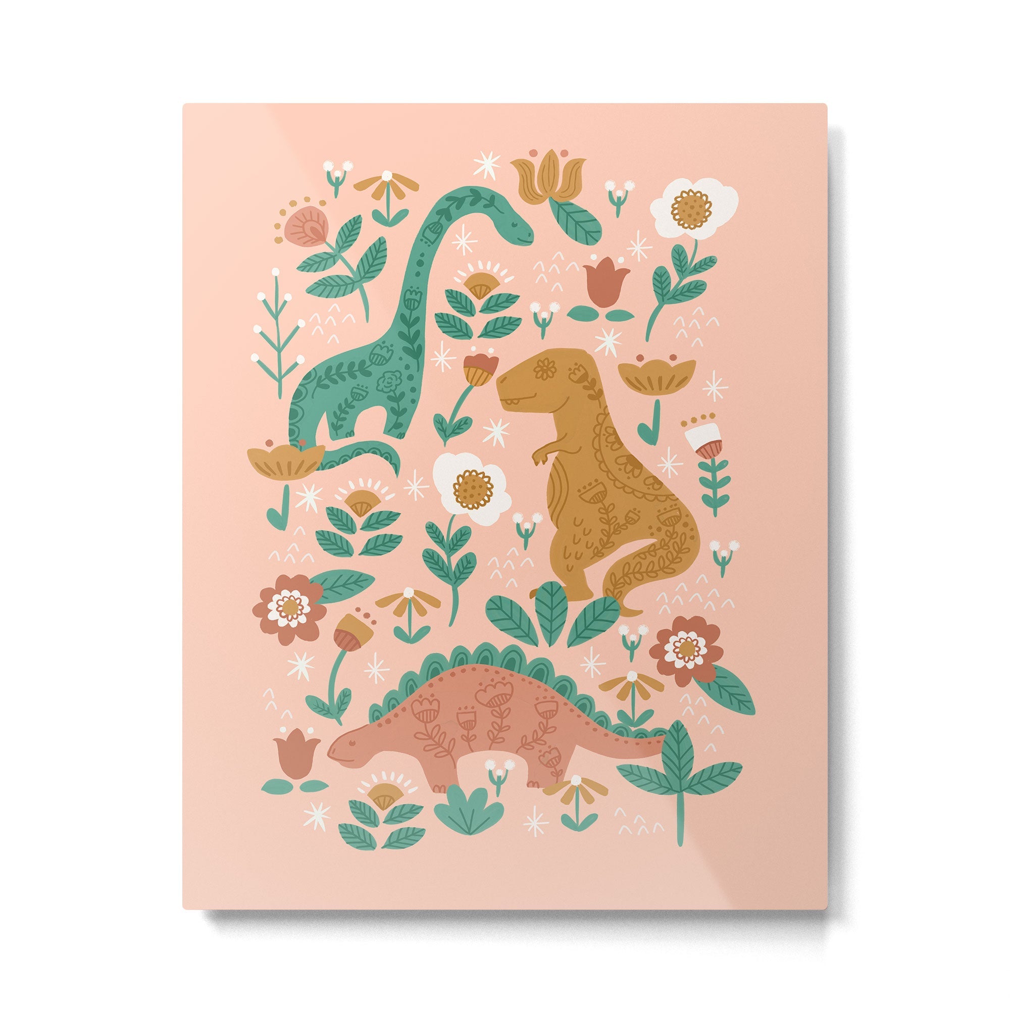 Folk Floral Dinosaurs in Pink Metal Print | TeksDecor