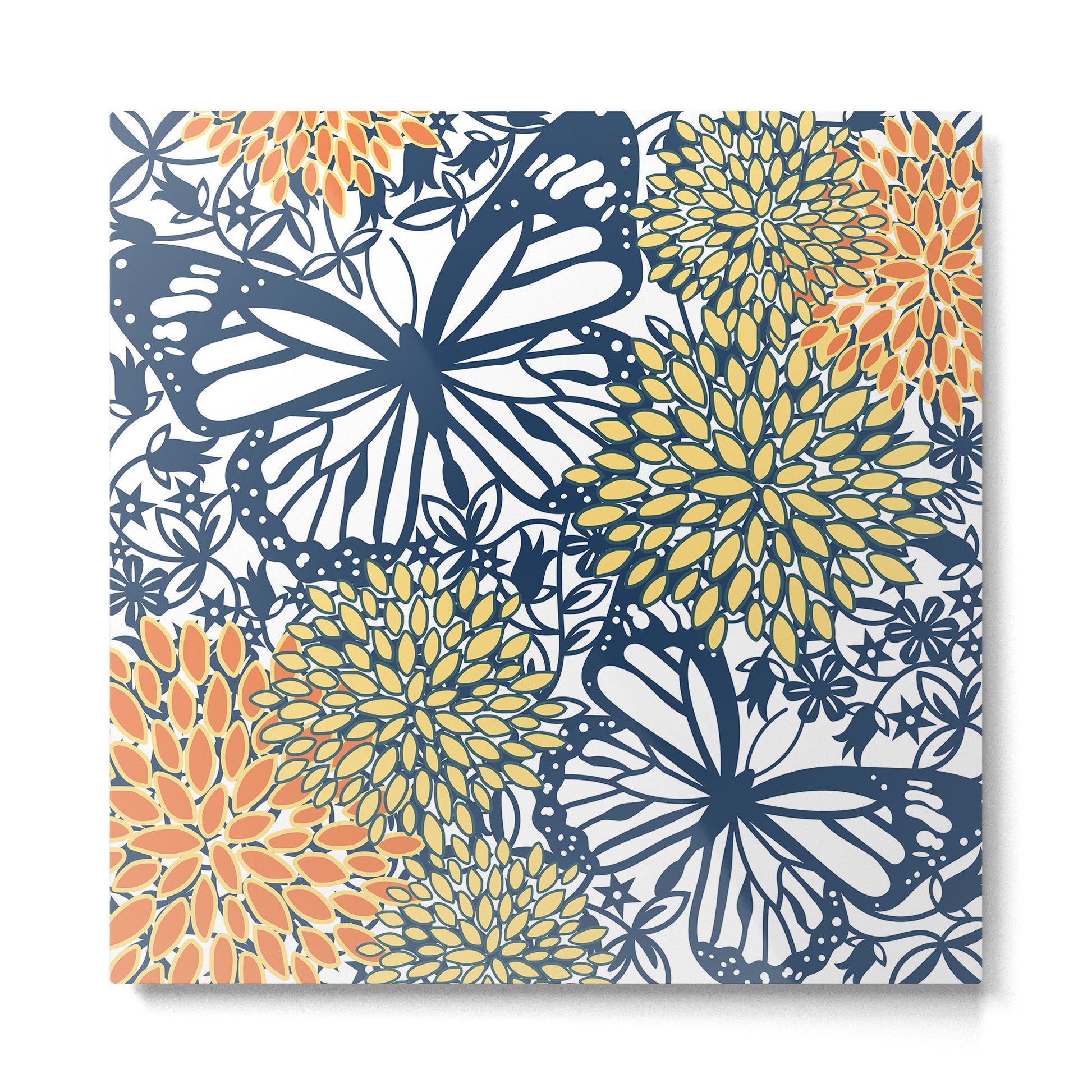 Butterfly and Floral Prints, Navy Blue, Orange, Yellow Metal Print | TeksDecor
