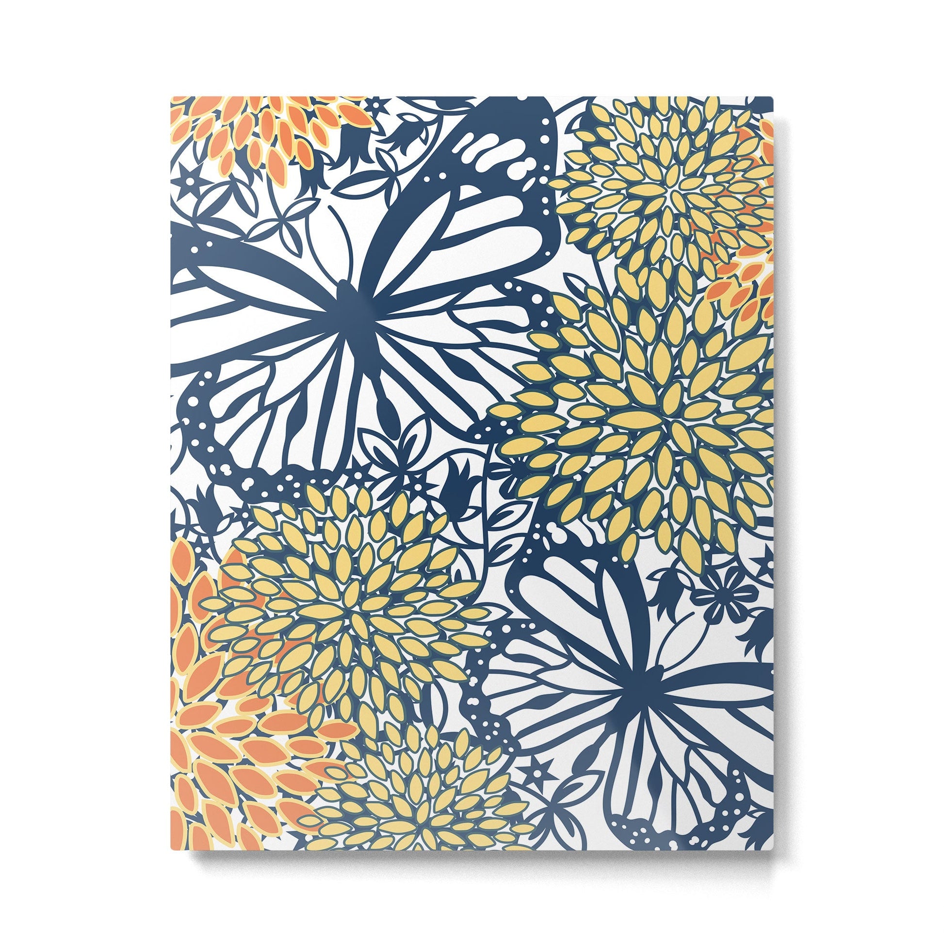 Butterfly and Floral Prints, Navy Blue, Orange, Yellow Metal Print | TeksDecor