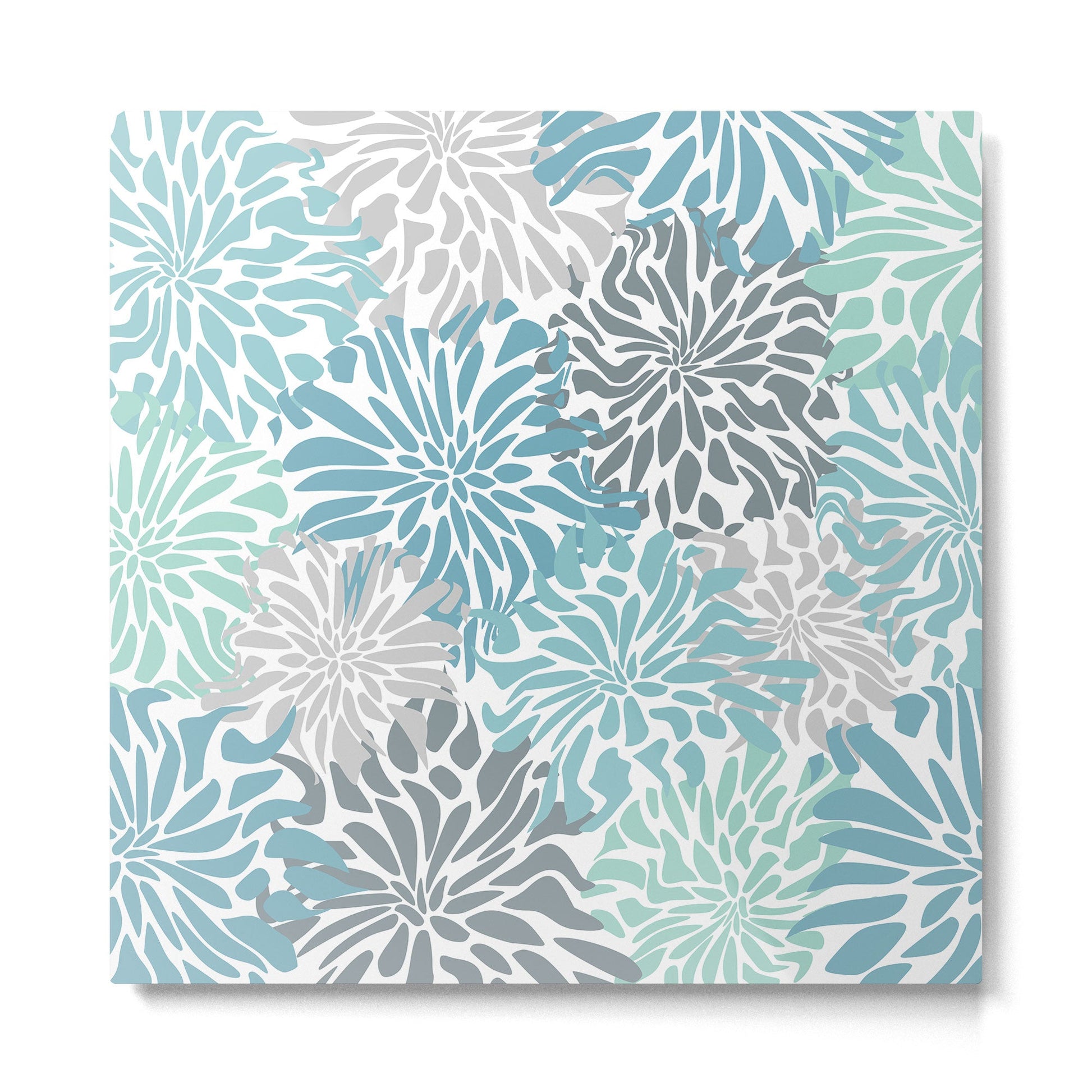 Chic, Flowers Print, Teal, Aqua, Gray Metal Print | TeksDecor