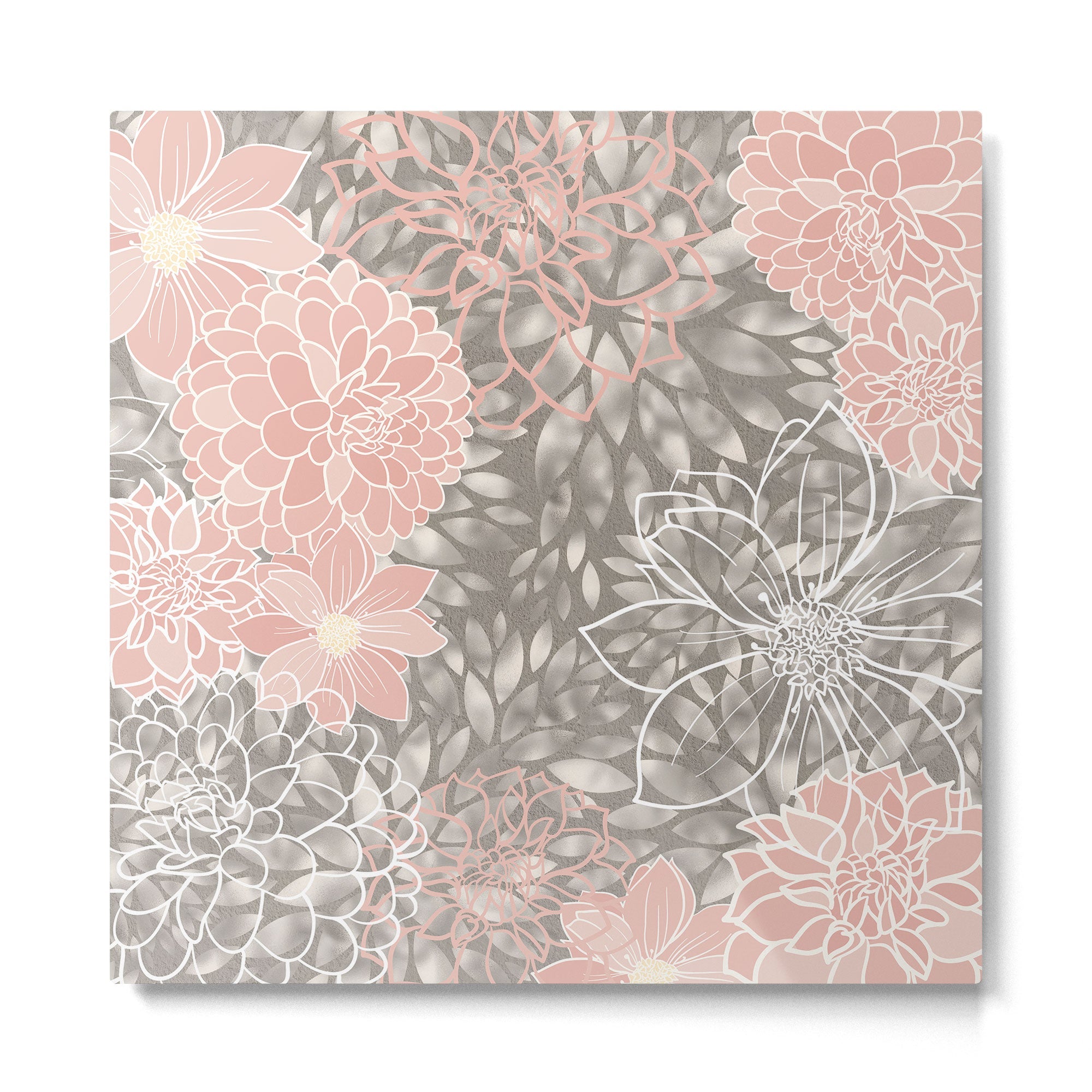 Festive, Floral Pattern Dahlias, Pink, Gray, White Metal Print | TeksDecor