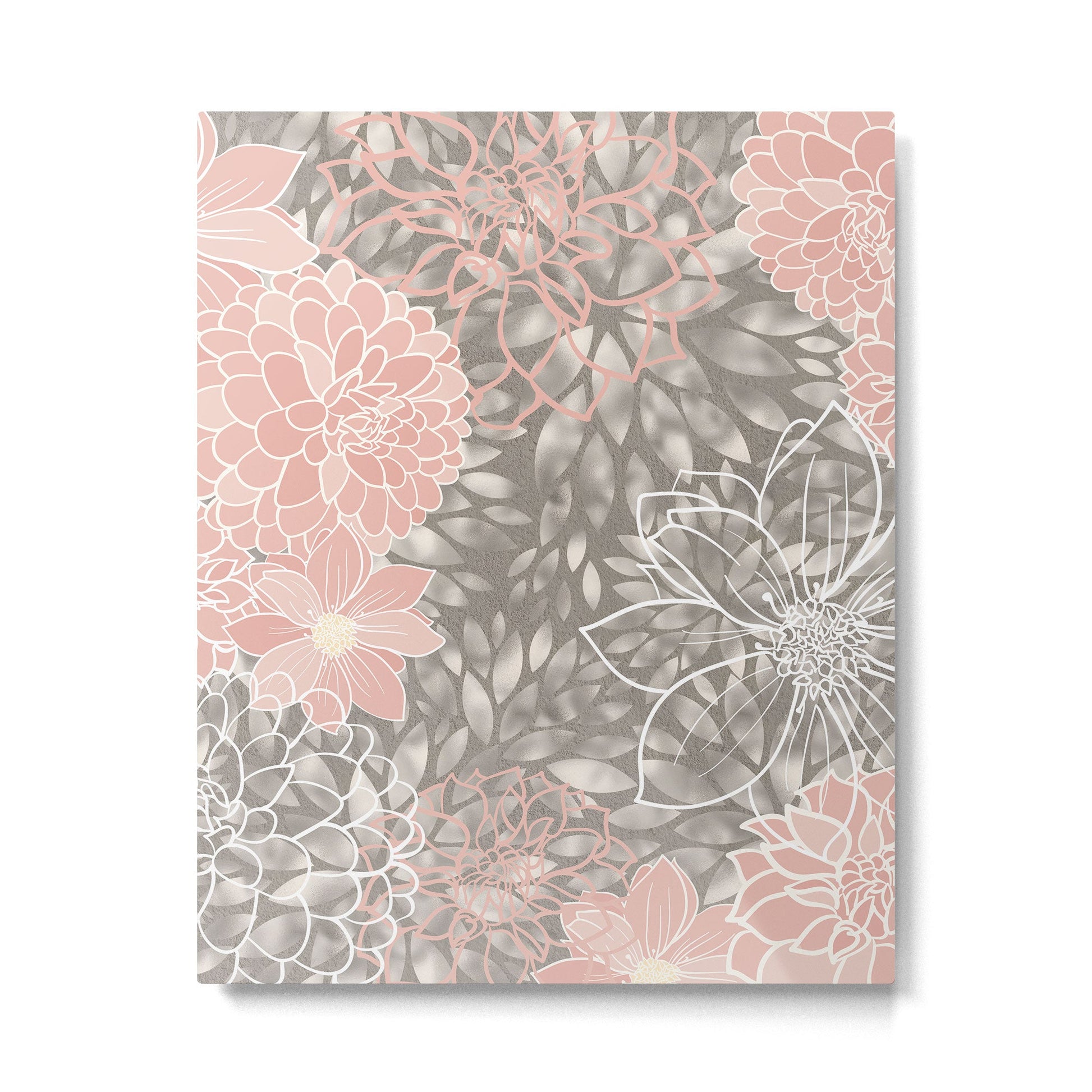 Festive, Floral Pattern Dahlias, Pink, Gray, White Metal Print | TeksDecor