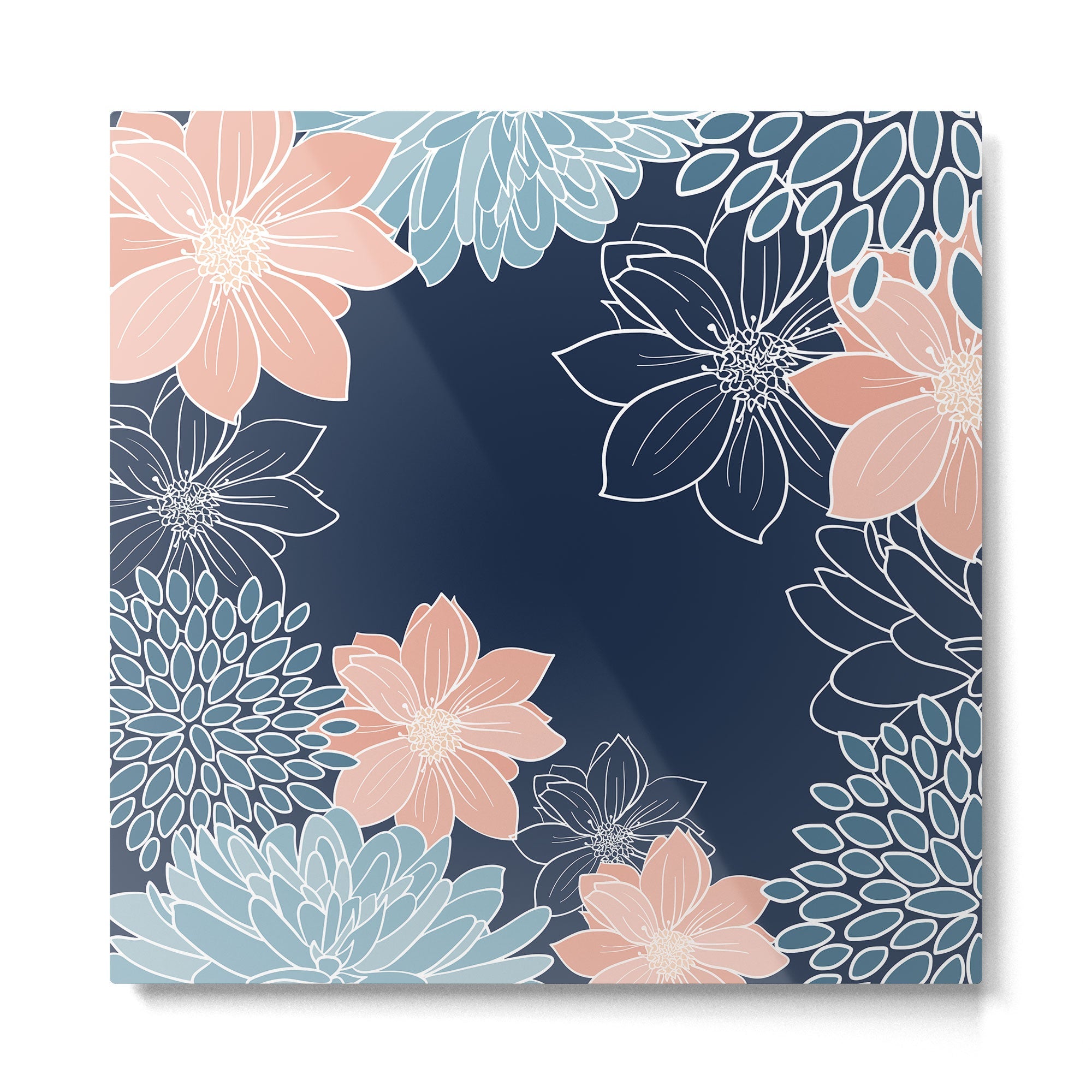 Festive, Floral Prints and Line Art, Navy Blue, Coral and Teal Metal Print | TeksDecor
