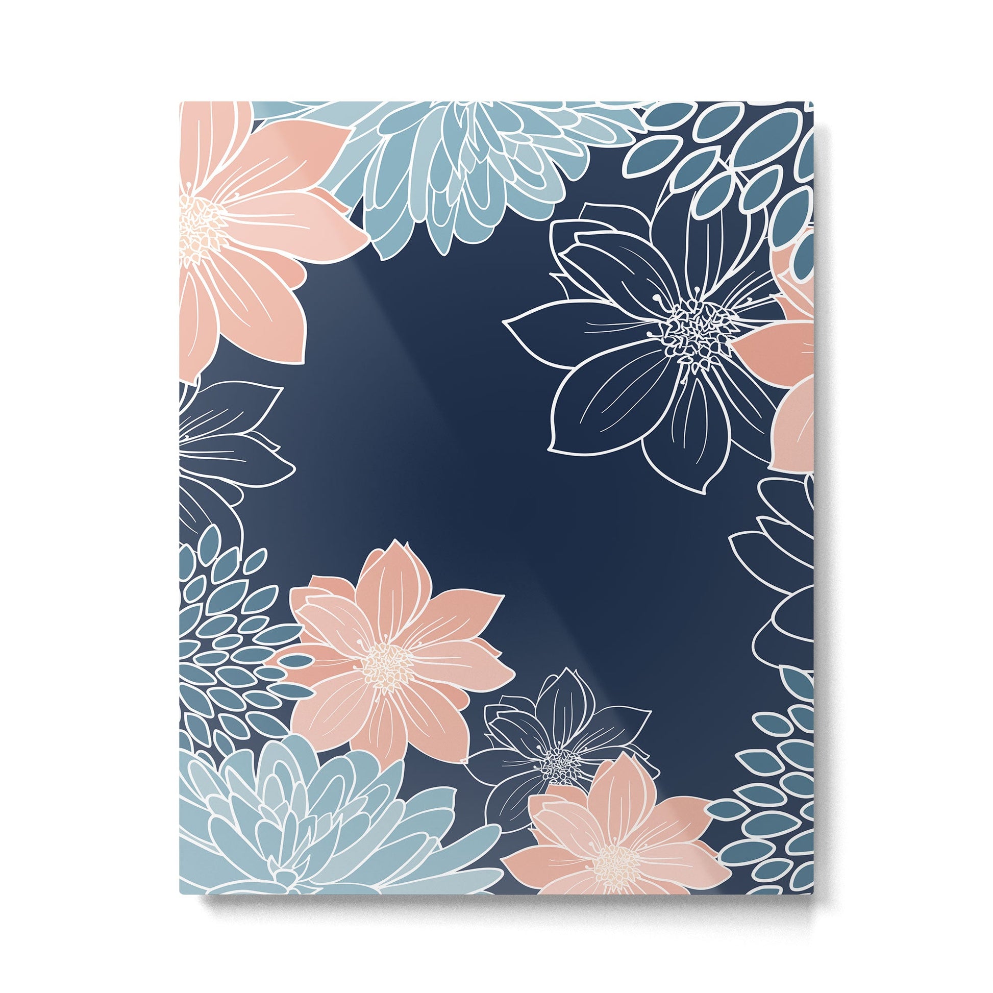 Festive, Floral Prints and Line Art, Navy Blue, Coral and Teal Metal Print | TeksDecor