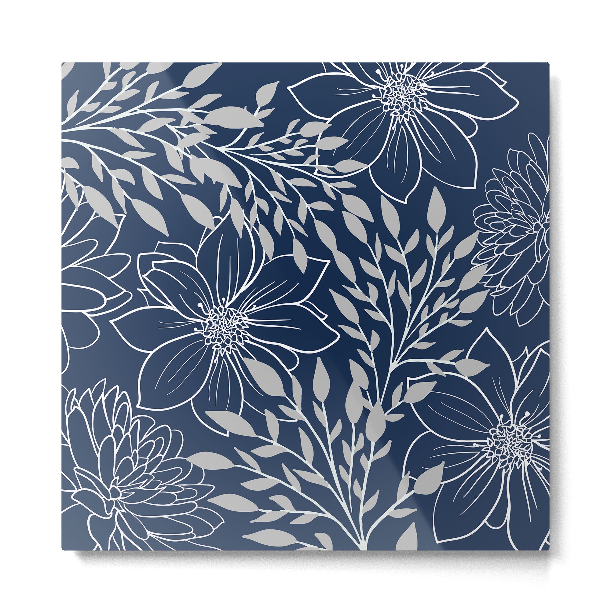 Festive, Floral Prints and Leaves, Line Art, Navy Blue and Gray Metal Print | TeksDecor