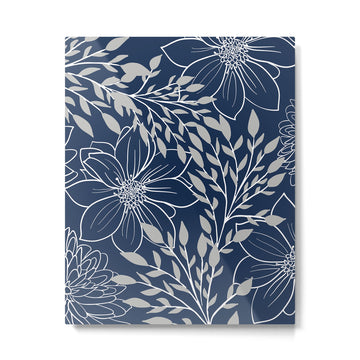 Festive, Floral Prints and Leaves, Line Art, Navy Blue and Gray Metal Print | TeksDecor
