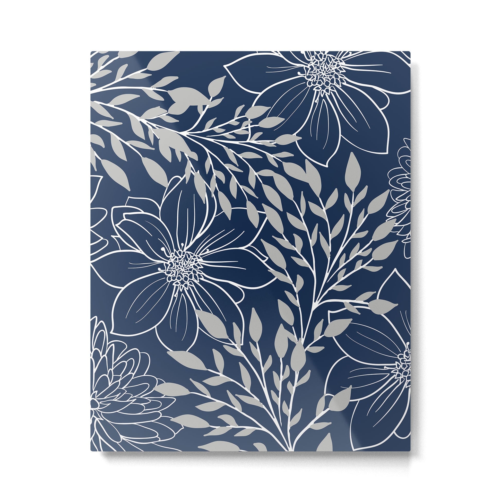 Festive, Floral Prints and Leaves, Line Art, Navy Blue and Gray Metal Print | TeksDecor