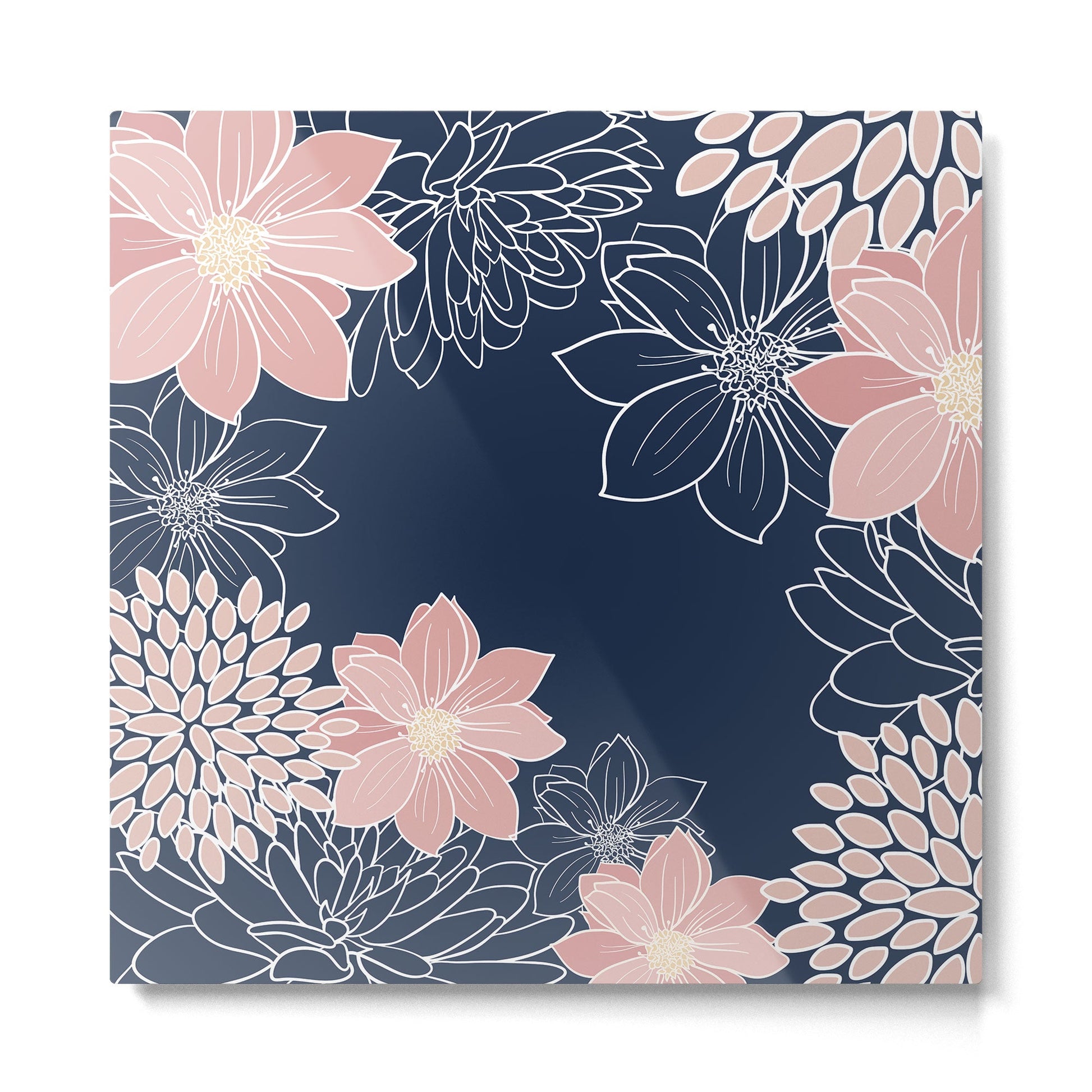 Festive, Floral Prints and Line Art, Navy Blue and Pink Metal Print | TeksDecor