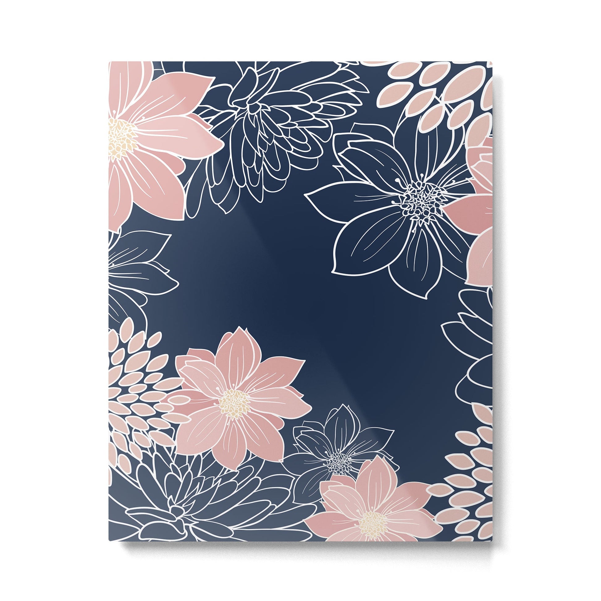 Festive, Floral Prints and Line Art, Navy Blue and Pink Metal Print | TeksDecor