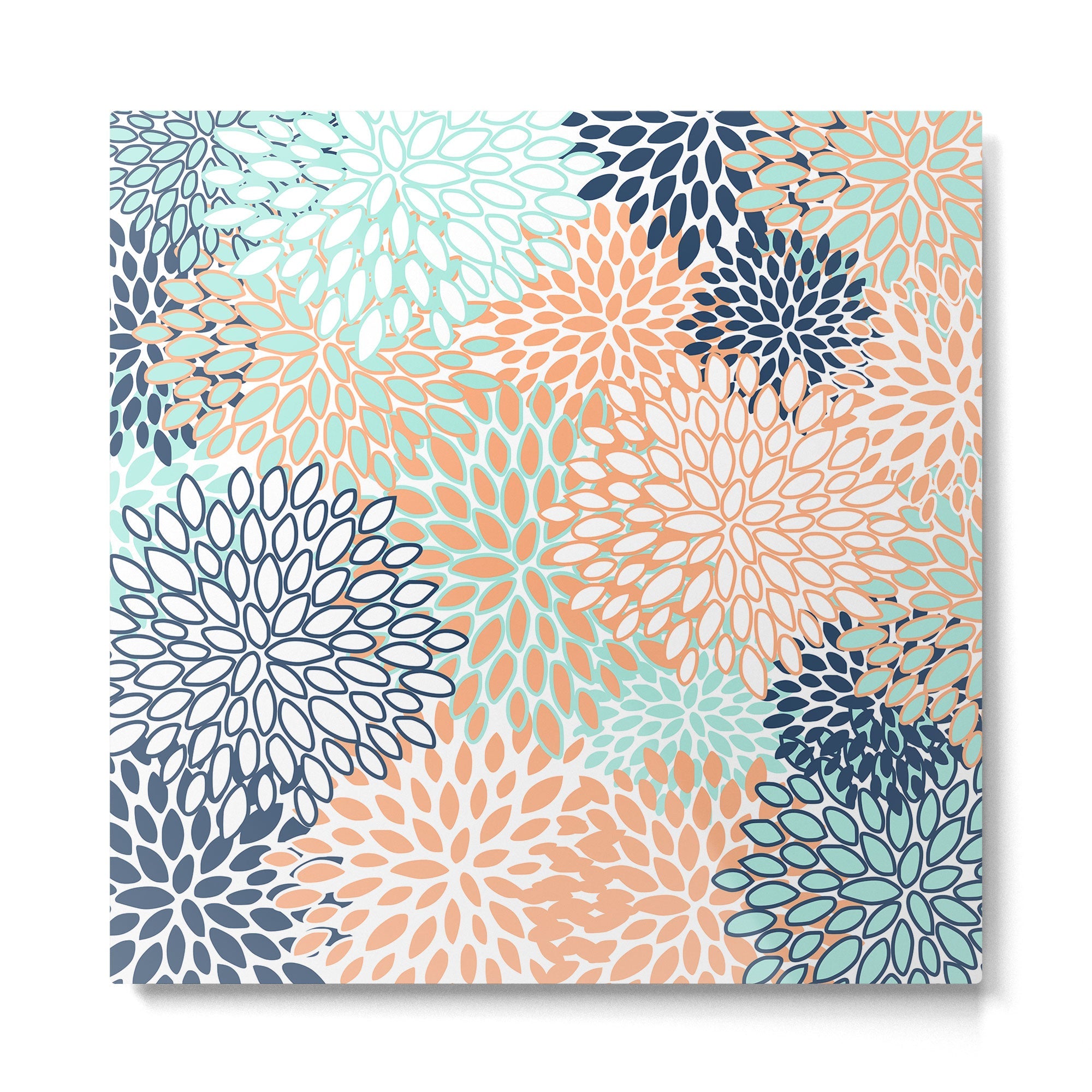 Festive, Floral Prints,Orange, Turquoise, Navy Blue Metal Print | TeksDecor
