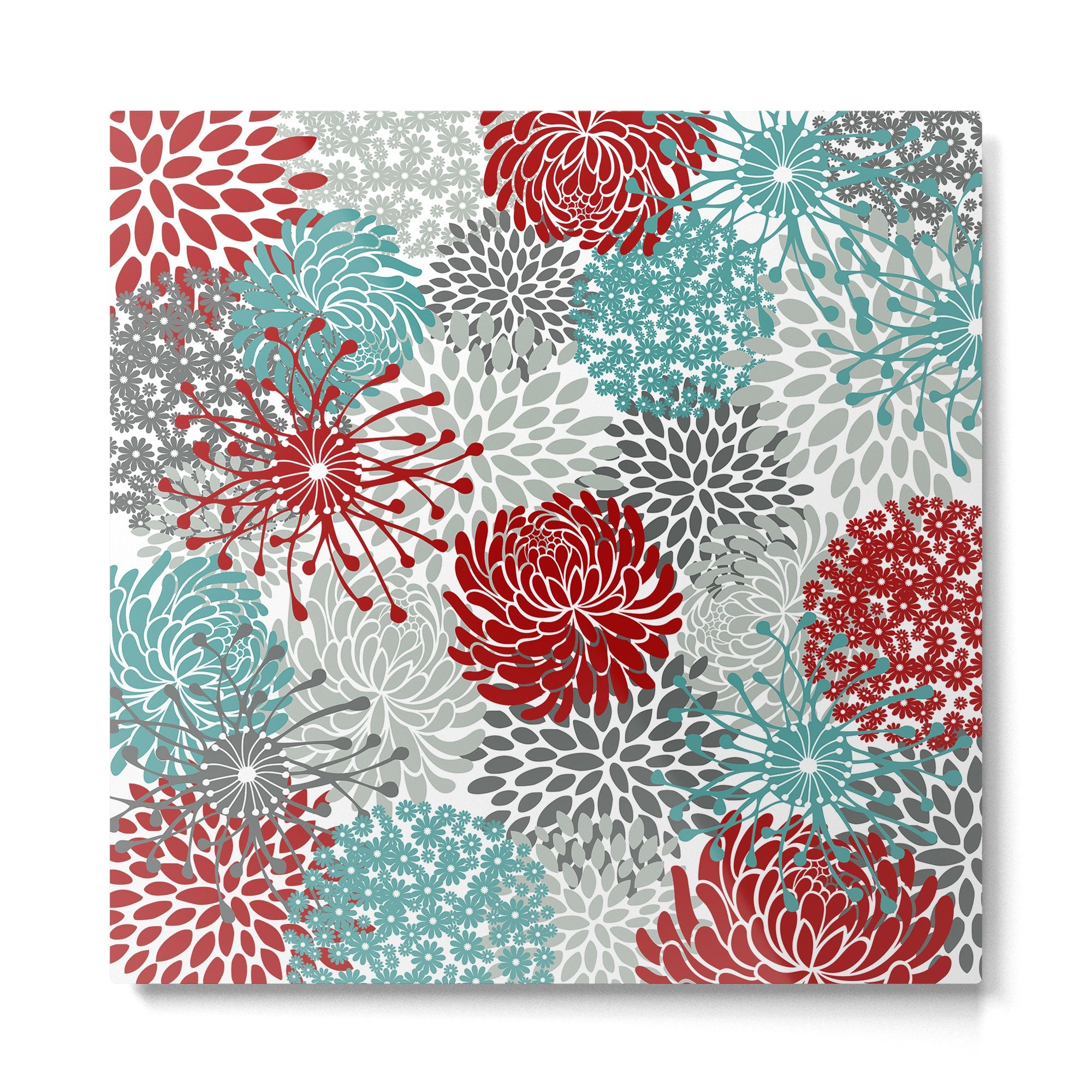 Festive, Flowers in Red, Teal and Gray Metal Print | TeksDecor