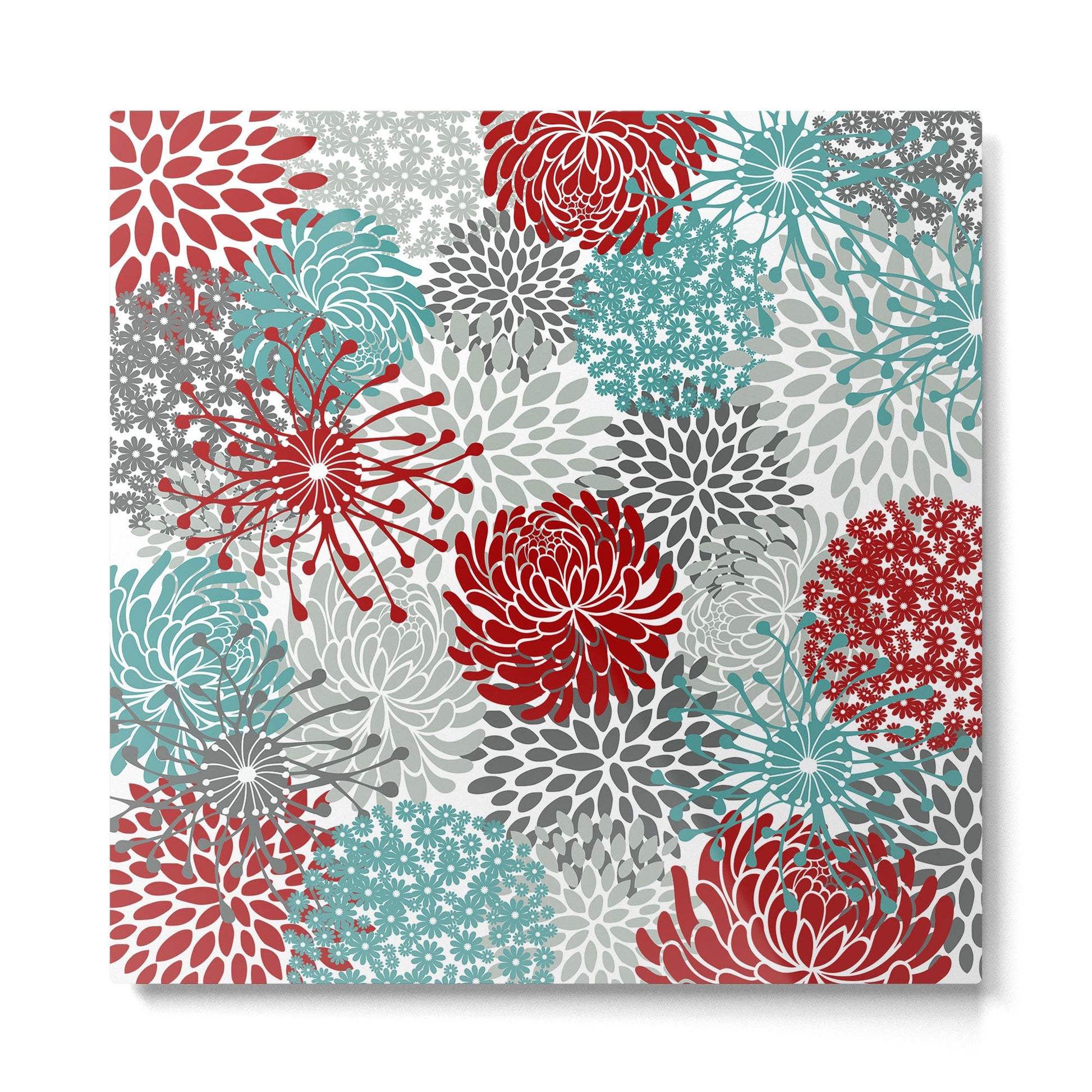 Festive, Flowers in Red, Teal and Gray Metal Print | TeksDecor