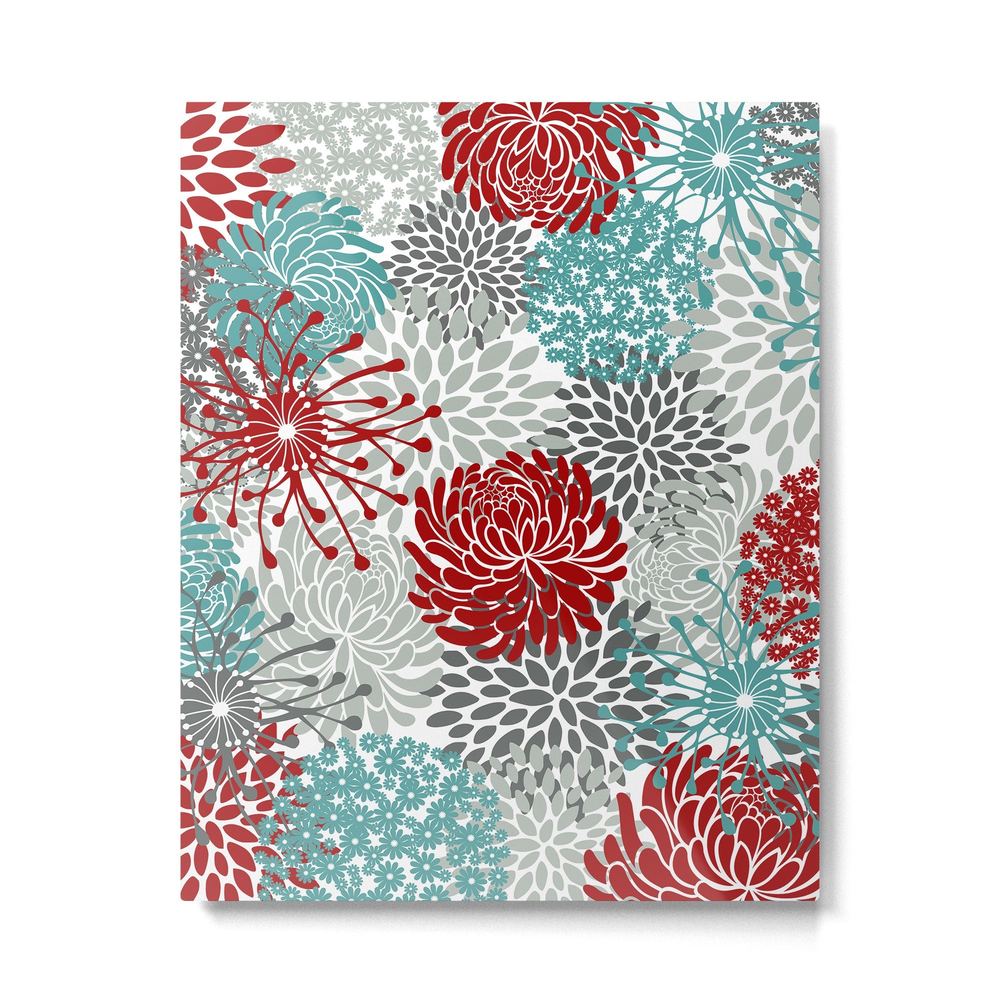 Festive, Flowers in Red, Teal and Gray Metal Print | TeksDecor