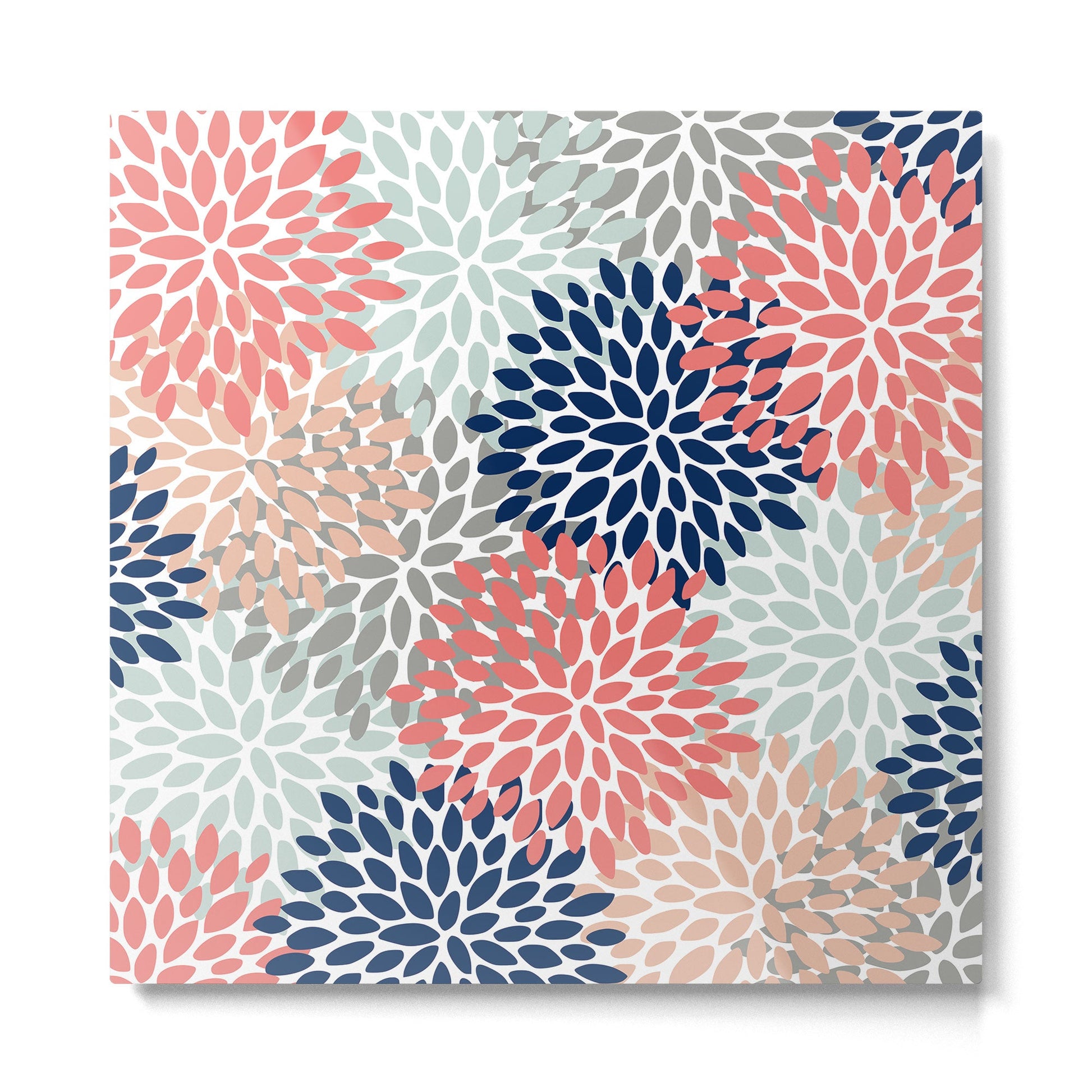 Festive, Flowers Print, Blue, Coral, Aqua, Gray Metal Print | TeksDecor