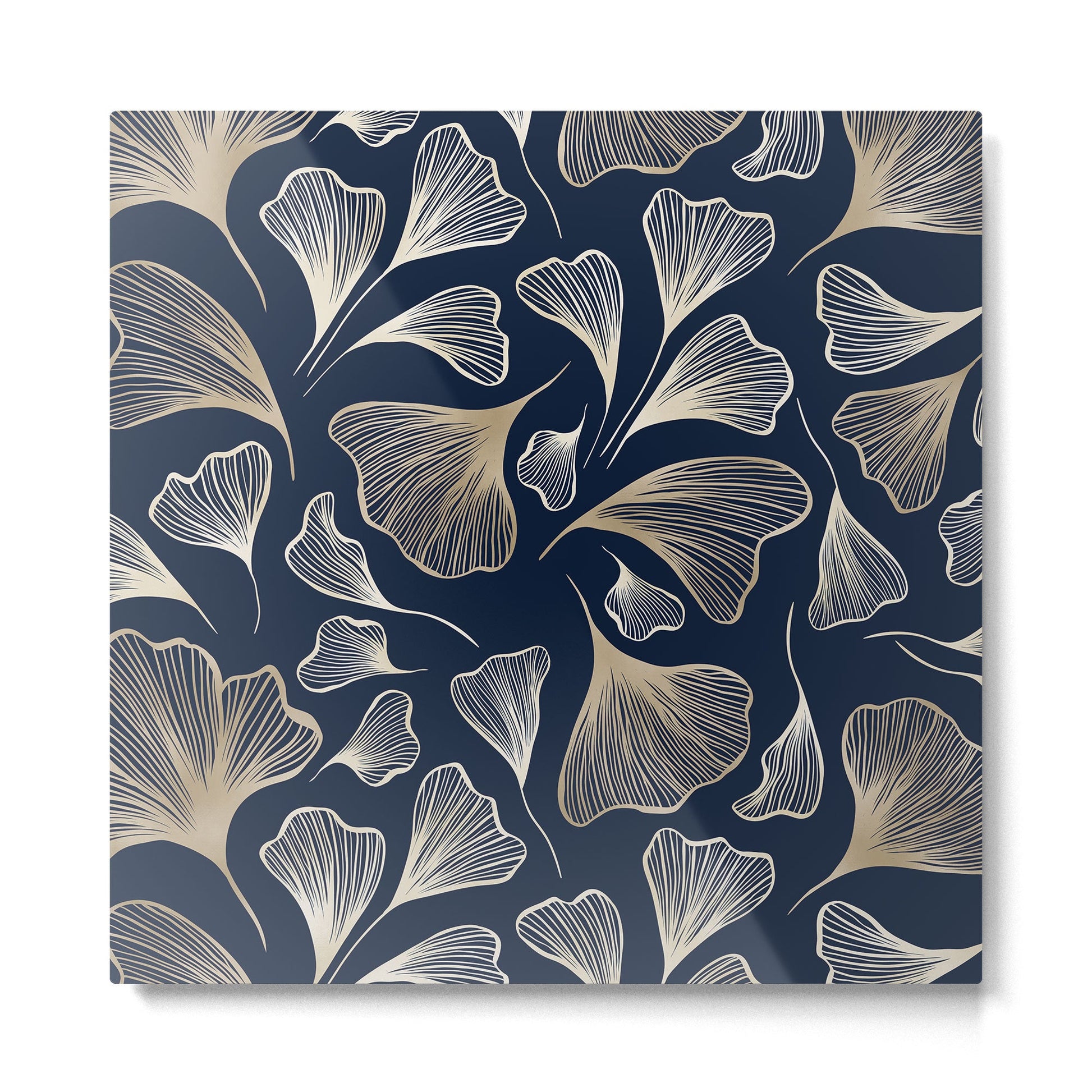 Festive, Gingko Leaves, Floral Prints, Navy Blue Metal Print | TeksDecor