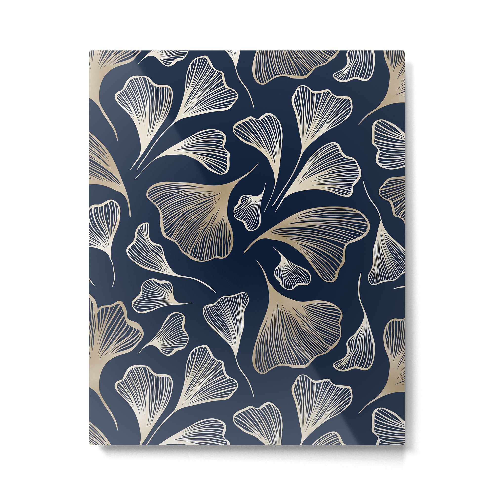 Festive, Gingko Leaves, Floral Prints, Navy Blue Metal Print | TeksDecor