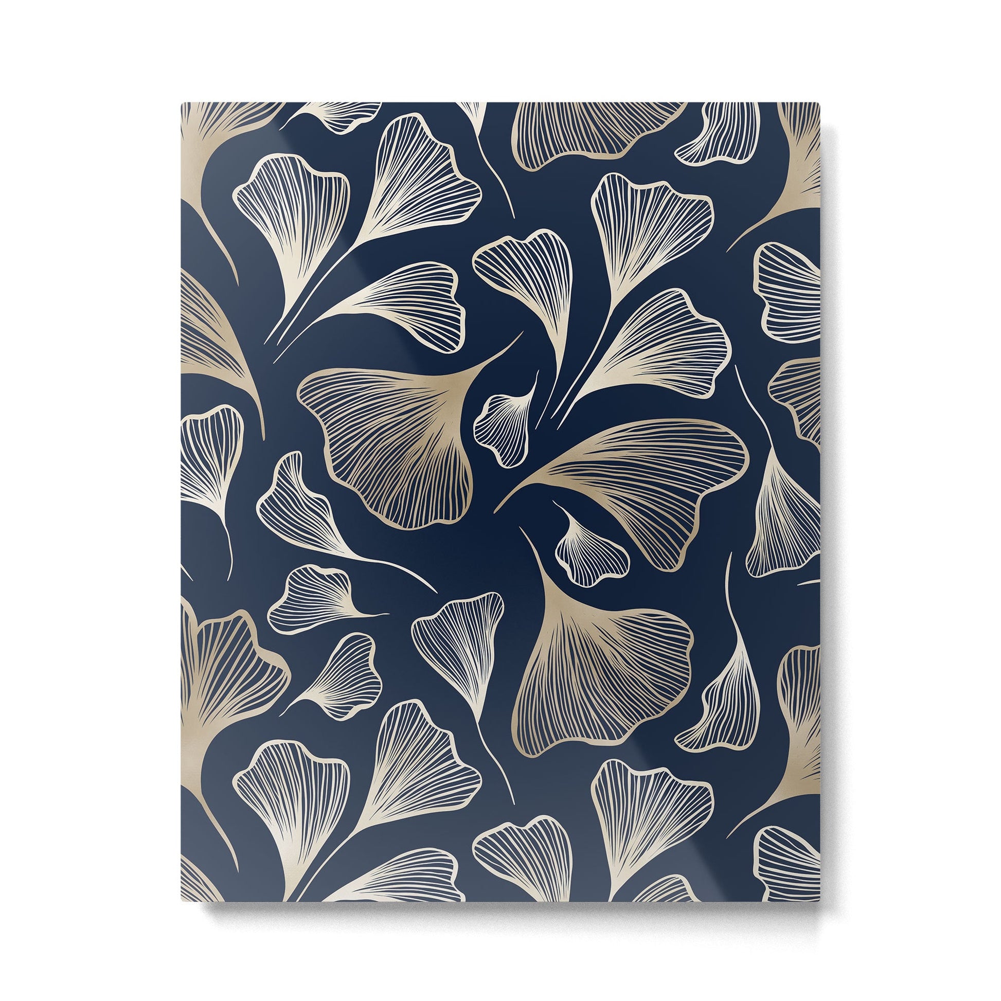 Festive, Gingko Leaves, Floral Prints, Navy Blue Metal Print | TeksDecor