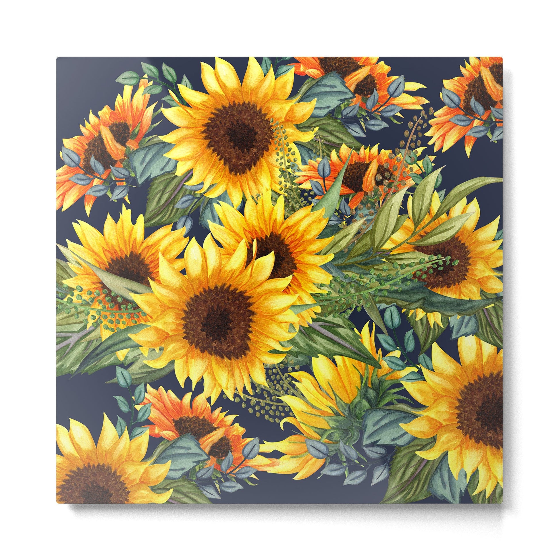 Festive, Sunflower, Yellow and Green on Navy Blue, Floral Prints Metal Print | TeksDecor