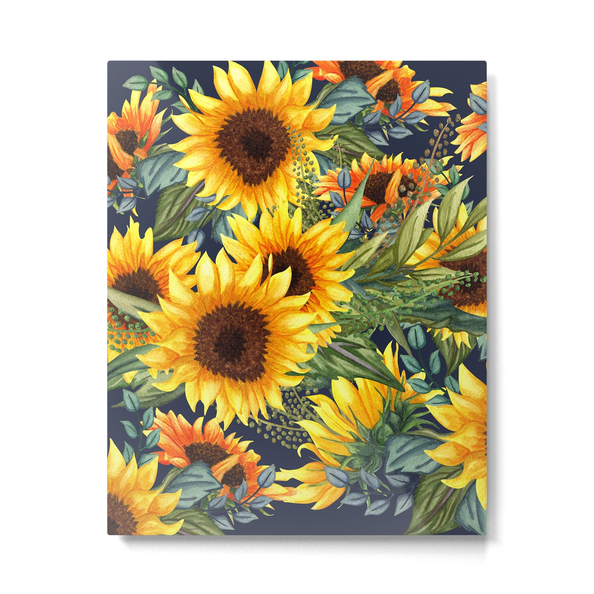 Festive, Sunflower, Yellow and Green on Navy Blue, Floral Prints Metal Print | TeksDecor