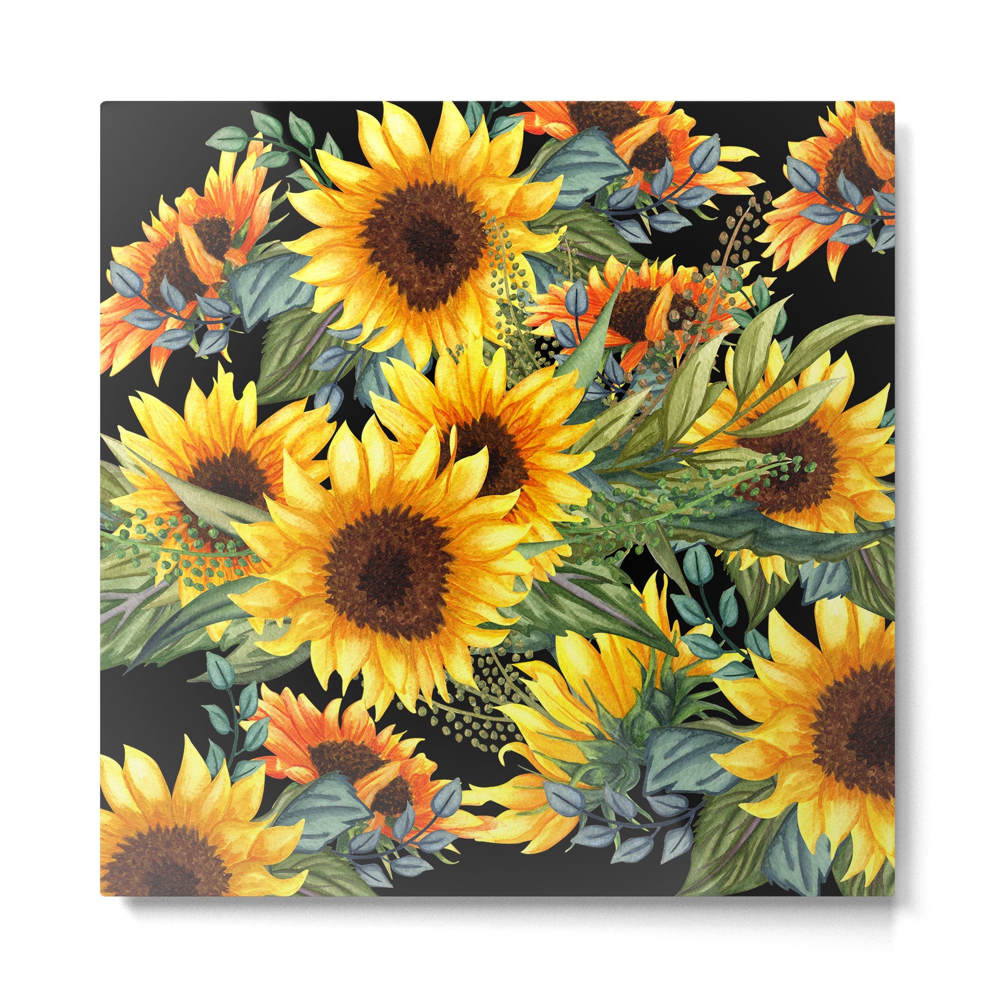 Festive, Sunflowers, Yellow and Green on Black Metal Print | TeksDecor