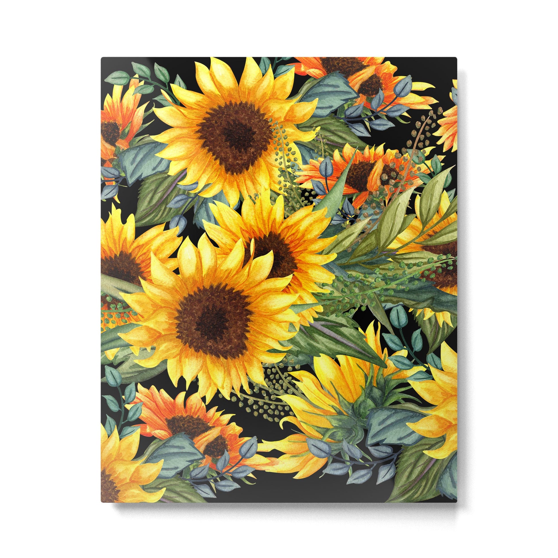 Festive, Sunflowers, Yellow and Green on Black Metal Print | TeksDecor