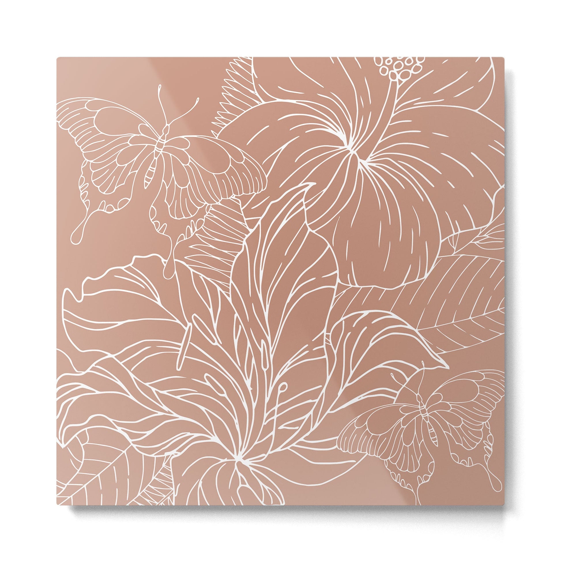 Floral, Butterfly Art, Line Drawing, Terracotta Metal Print | TeksDecor