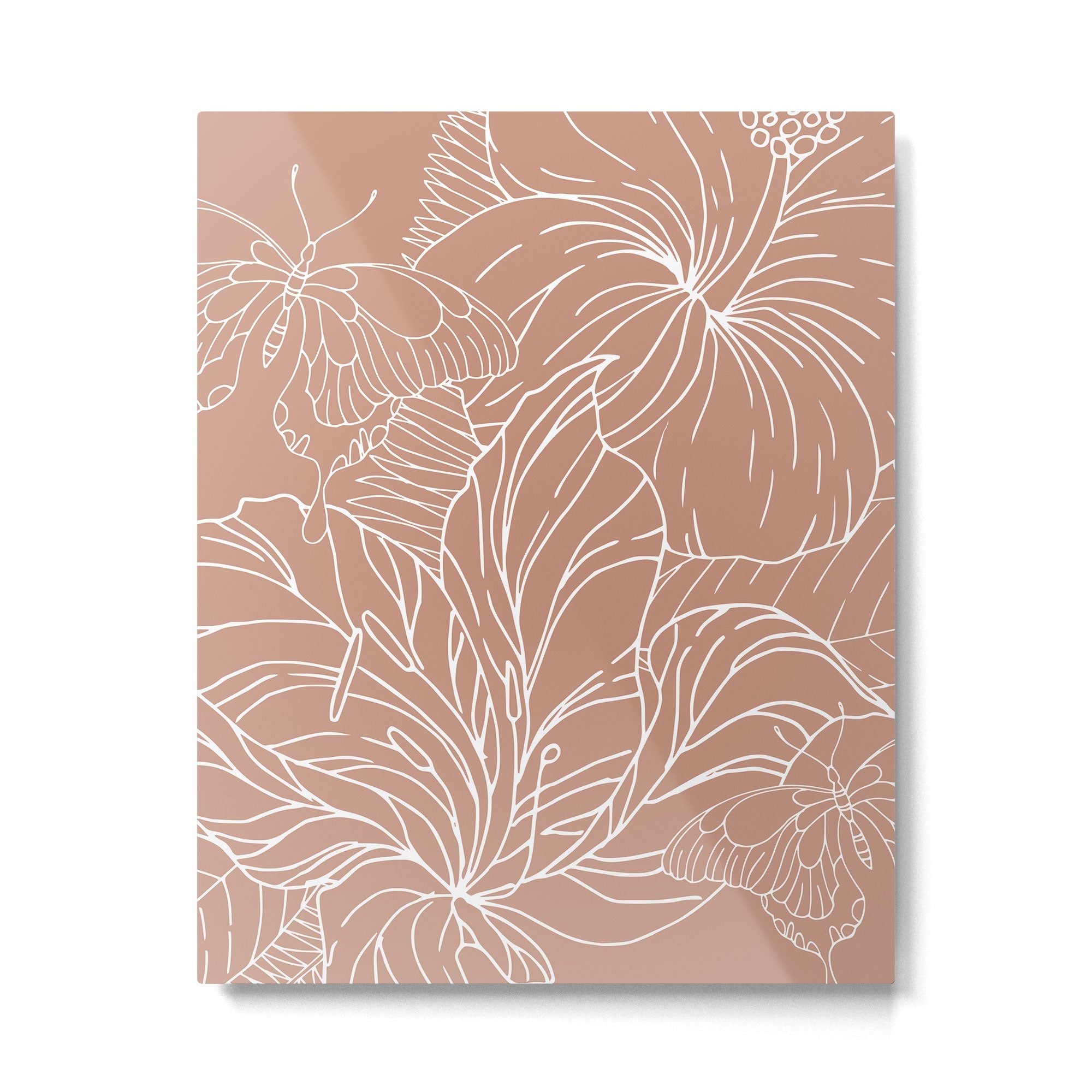 Floral, Butterfly Art, Line Drawing, Terracotta Metal Print | TeksDecor