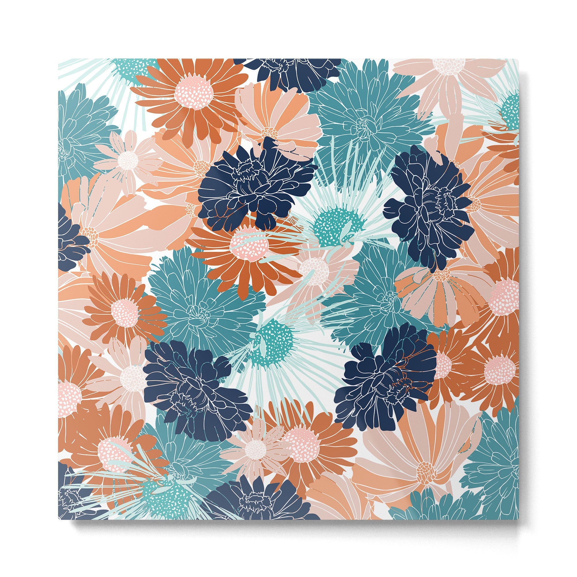 Floral Print, Teal, Navy Blue, Pink, Terracotta, Artists Print Metal Print | TeksDecor