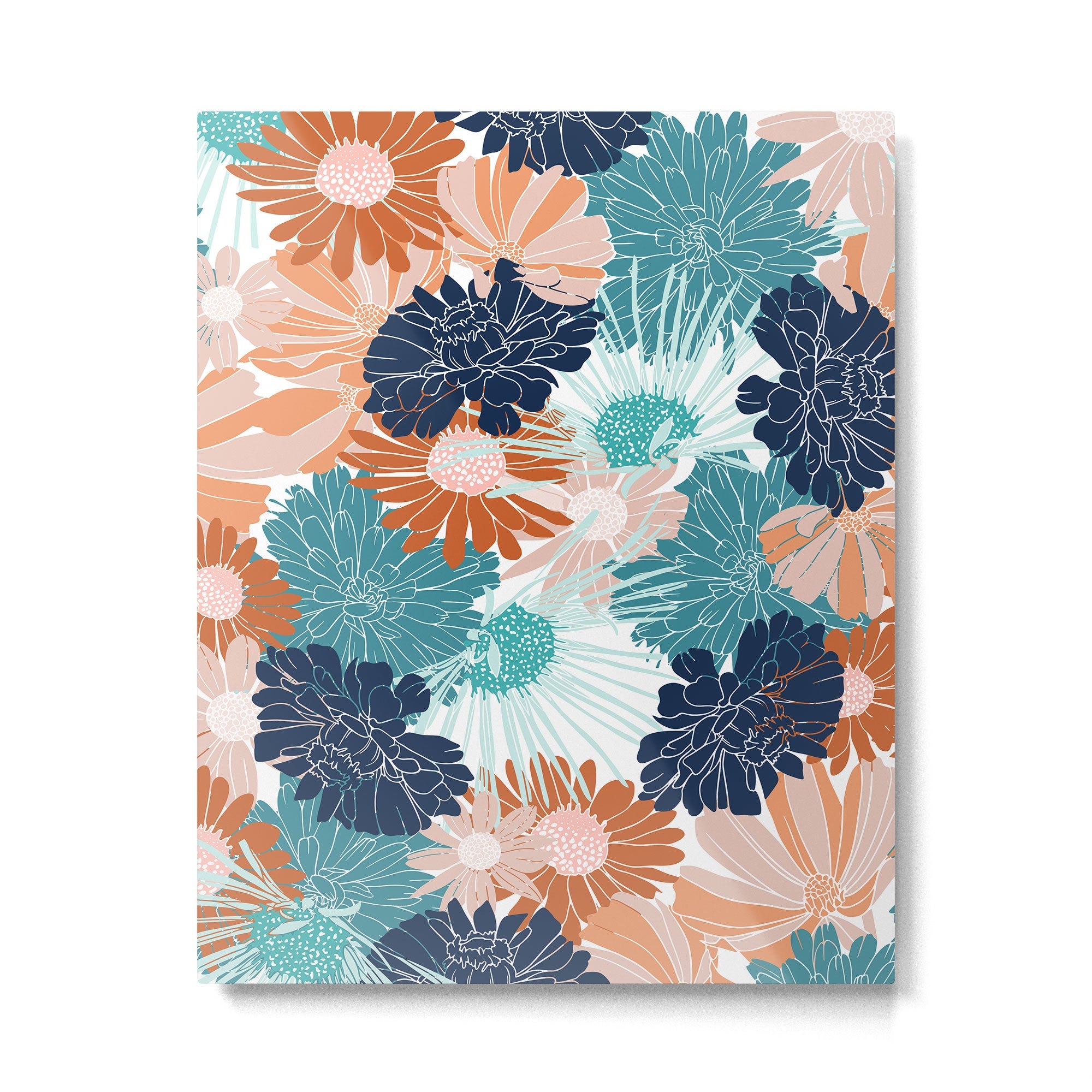 Floral Print, Teal, Navy Blue, Pink, Terracotta, Artists Print Metal Print | TeksDecor