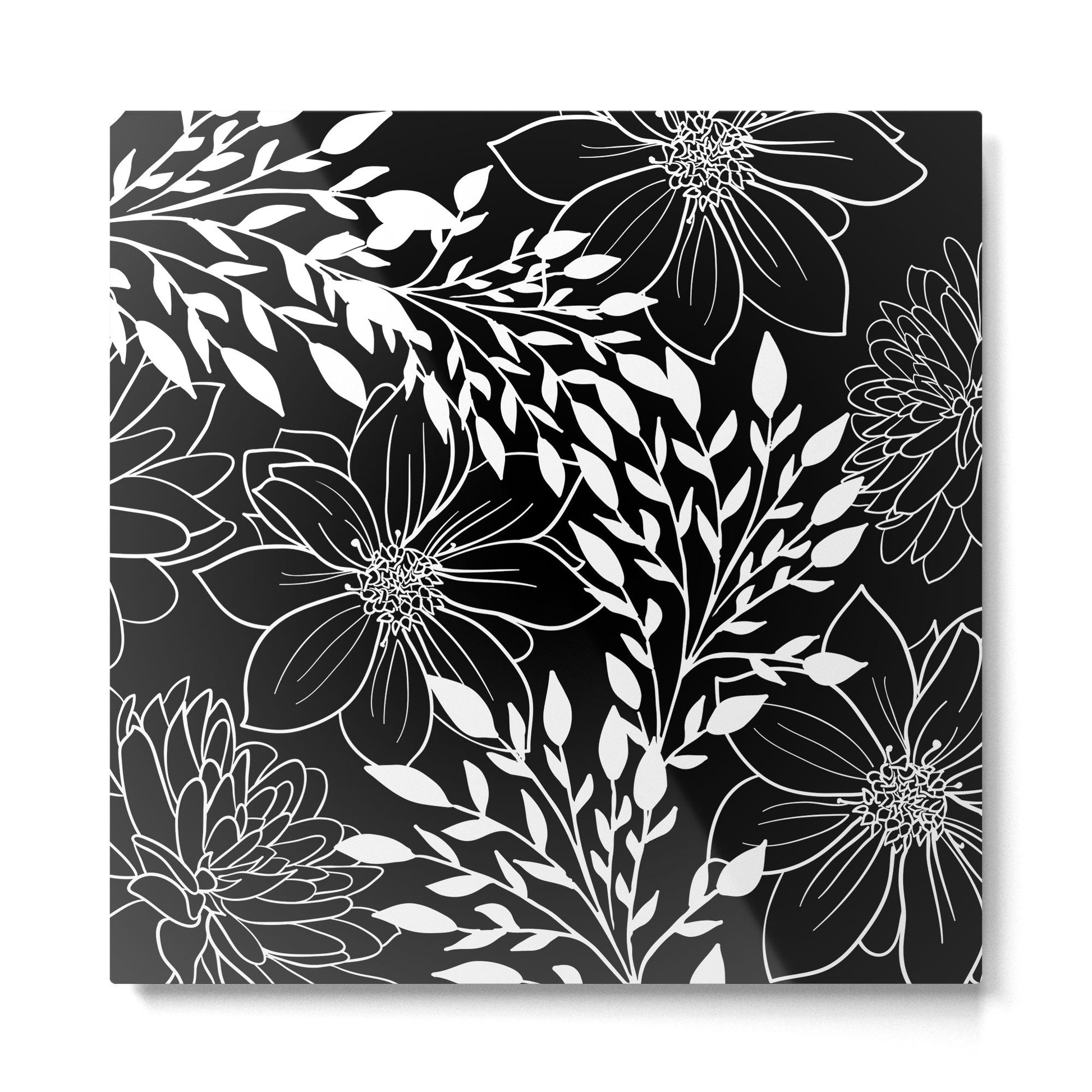 Floral Prints and Leaves, Line Art, Black and White Metal Print | TeksDecor